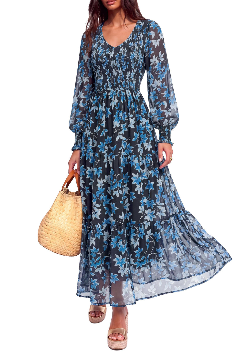 FreshPretty Womens Flroal Long Sleeve Dress Boho A Line Fall Maxi Dresses,Sheer Lantern Sleeve, Lined & Pockets, Smocked Front Back, High Waisted Flowy Long Dress, Tiered Fall Wedding Guest Dresses