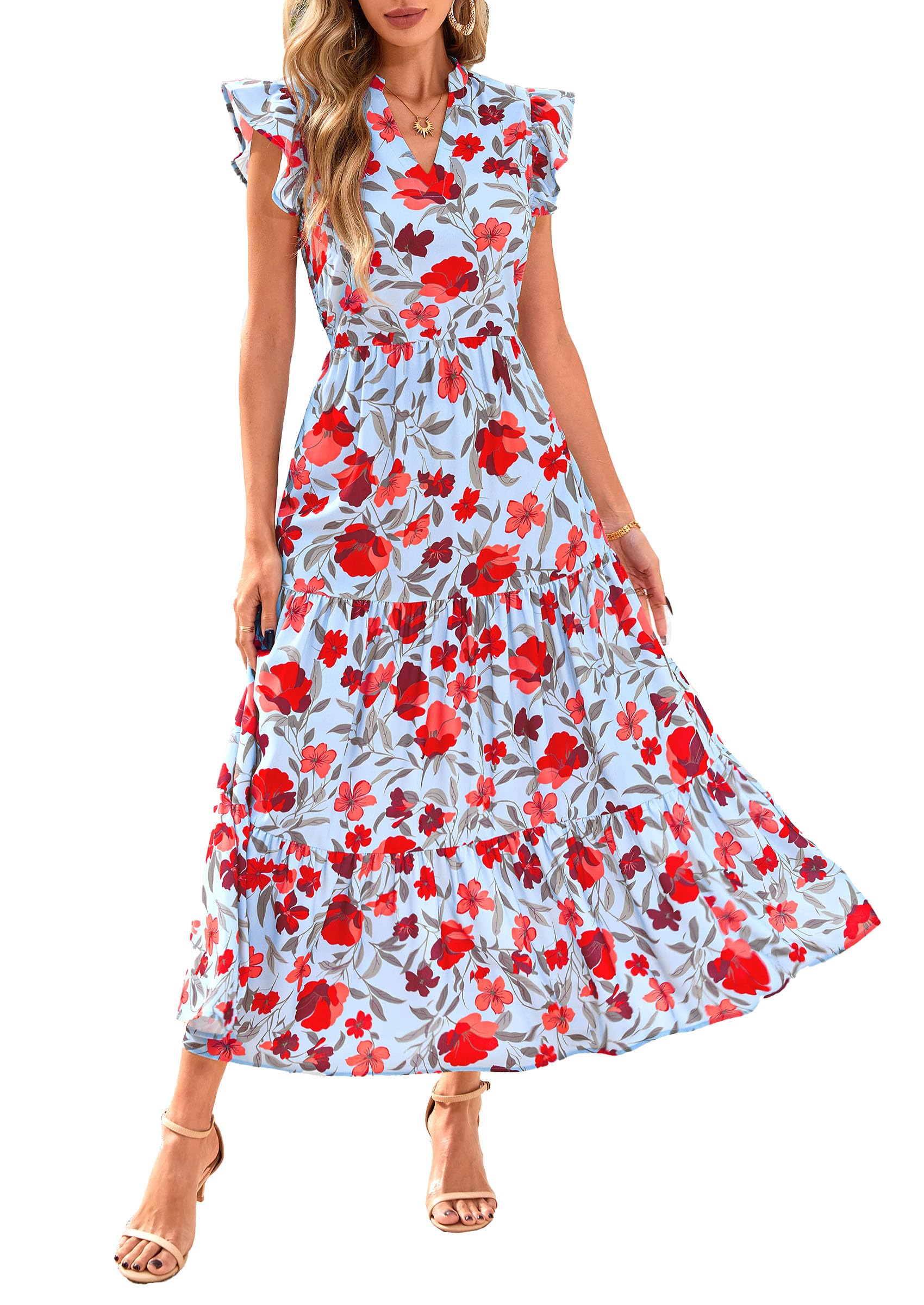 Visit the PRETTYGARDEN Store PRETTYGARDEN Women's Summer Floral Midi Dress Cap Sleeve V Neck Ruffle Long Flowy Boho Casual Beach Vacation Dresses