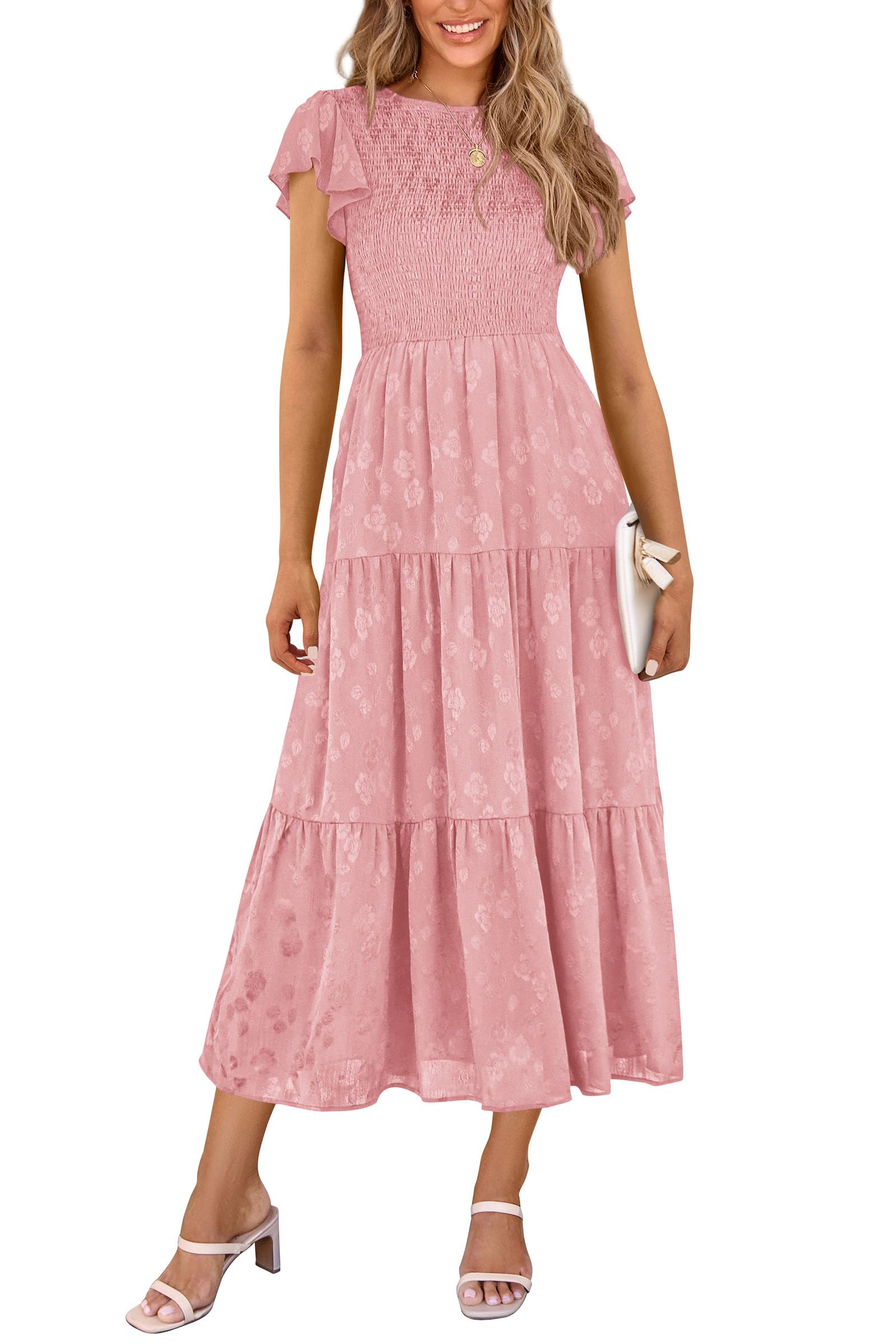 PRETTYGARDEN Wedding Guest Dresses for Women Summer Floral Cap Sleeve Smocked A Line Long Elegant Party Boho Dress