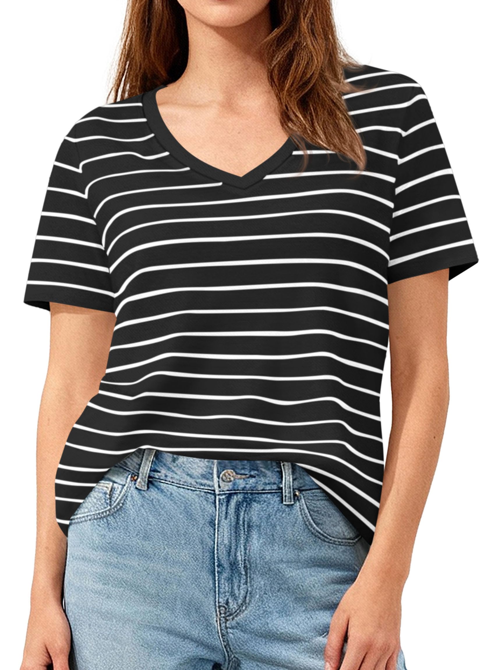 PRETTYGARDEN Short Sleeve Shirts for Women Spring V Neck Cute Tops Casual Striped Shirt Knitted Tees Summer Outfits