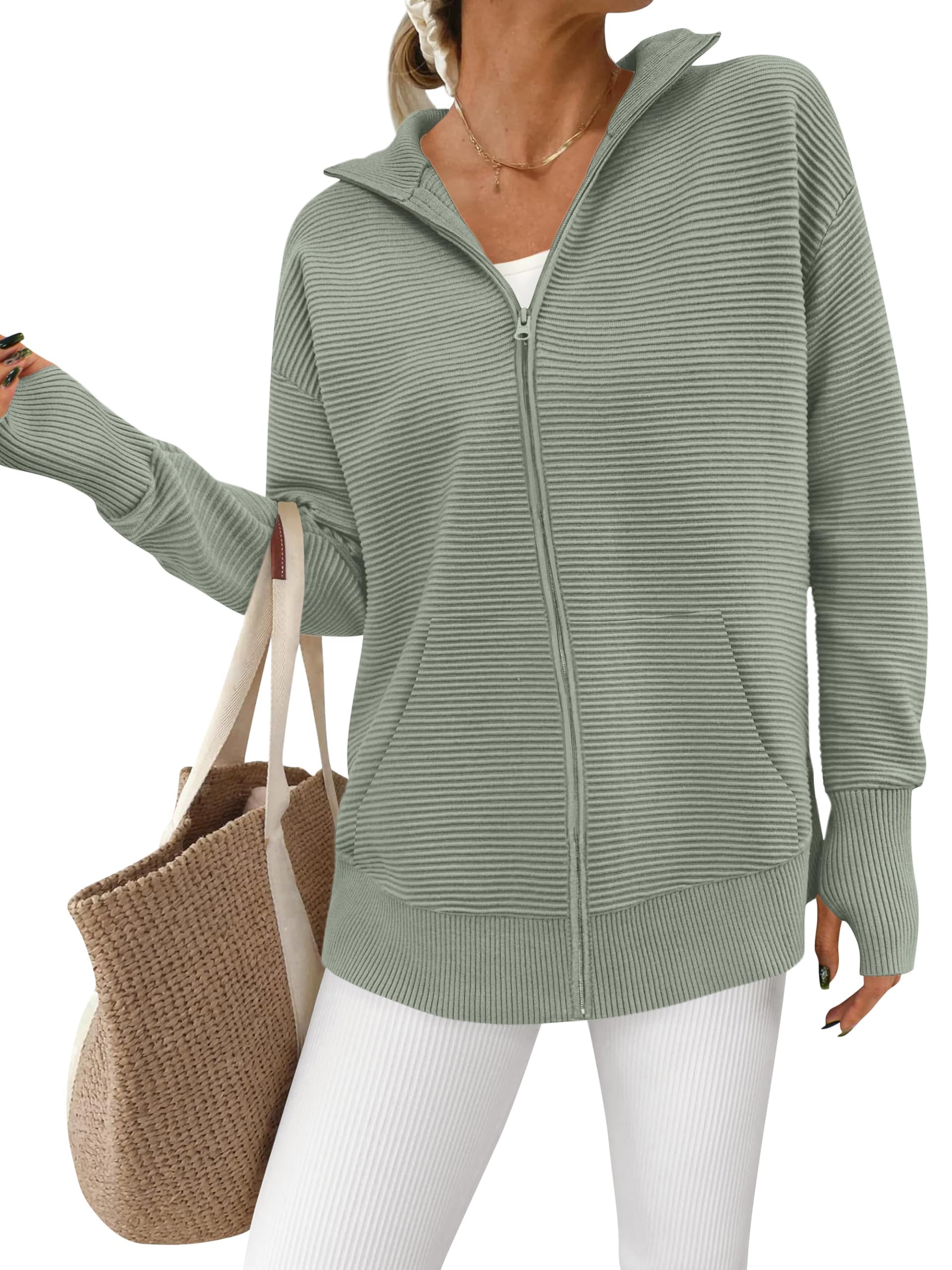 PRETTYGARDEN Womens Fall Long Sleeve Zip Up Cardigan Sweaters Casual Loose Collared Ribbed Knit Tops Jackets Thumb Hole