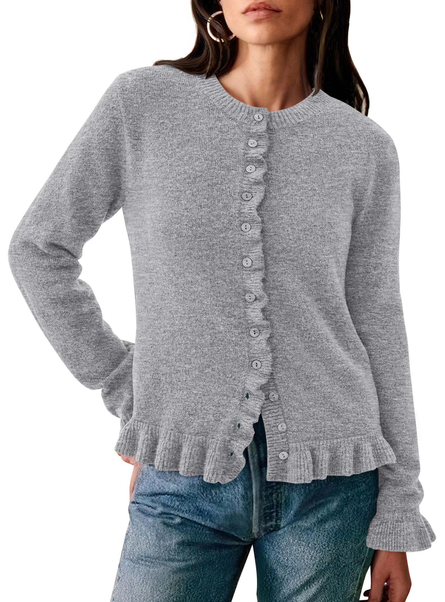 PRETTYGARDEN Womens Fall Button Down Cardigans Chunky Knit Ruffle Open Front Cropped Cardigan Sweaters Soft Long Sleeve Tops