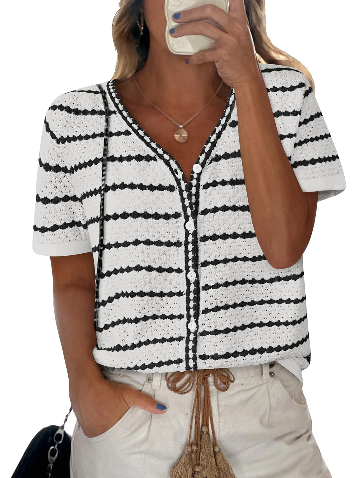 FreshPretty Women's Short Sleeve Sweater Spring Summer Crochet Knit Tops V Neck Striped Button Down Dressy Casual Blouses