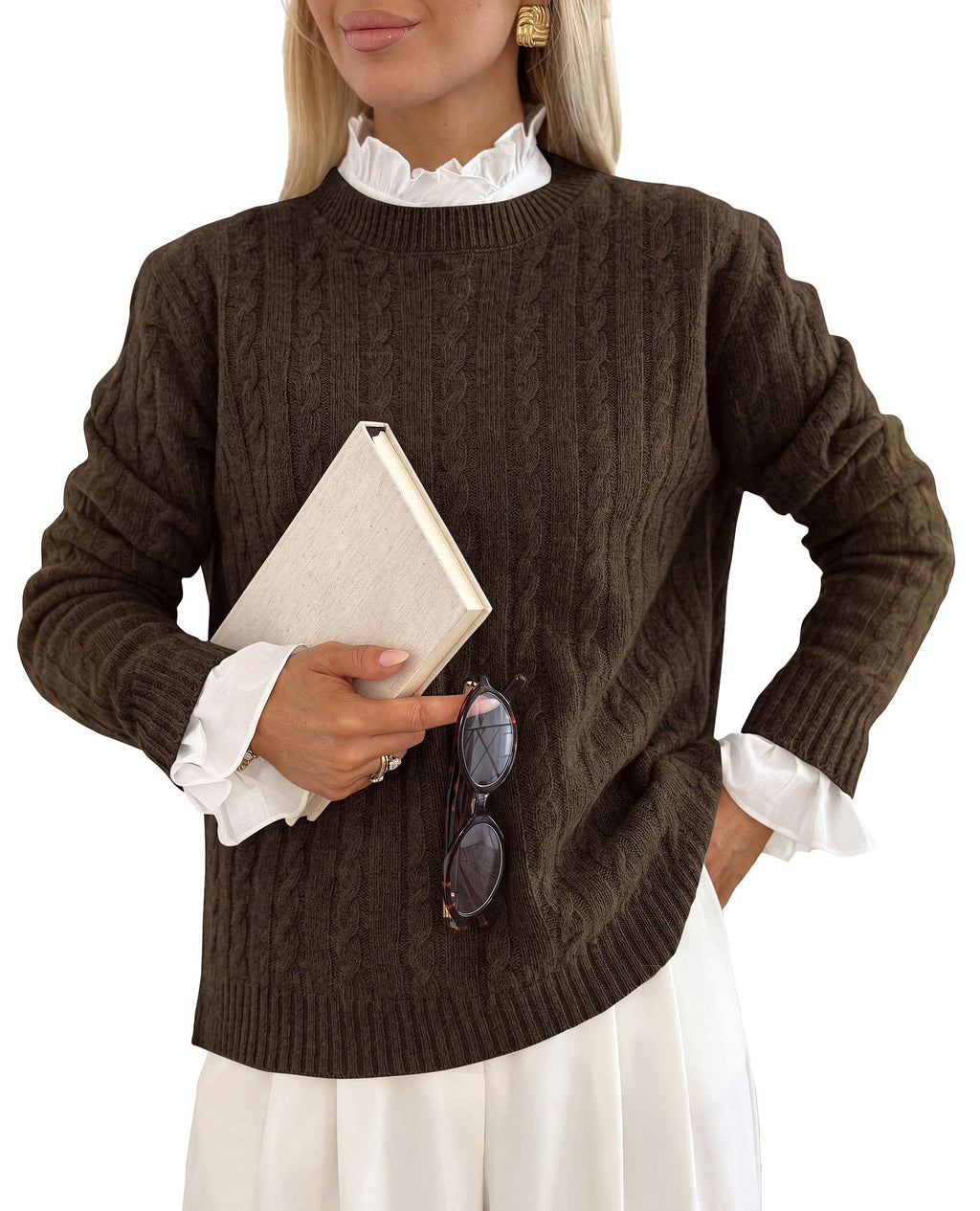 PRETTYGARDEN Women's Cable Knit Sweaters Long Sleeve Pullover Fall Outfits Soft Cozy Knit Tops, Ribbed Crewneck Regular Fit, Basic Daily, Work Business Casual, Teacher Outfits, Winter Layer Clothing