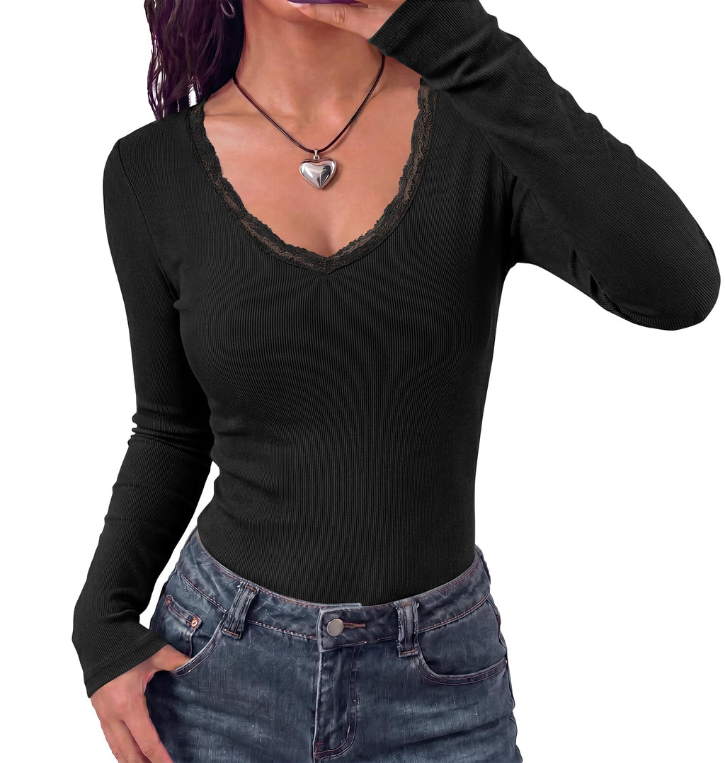 BTFBM Lace Deep V Neck Fitted Long Sleeve Shirts for Women | Womens Fall Fashion, Casual T Shirt, Base Layer, Basic Undershirts, Slim Fit Going Out Tops, Date Night Out Outfits