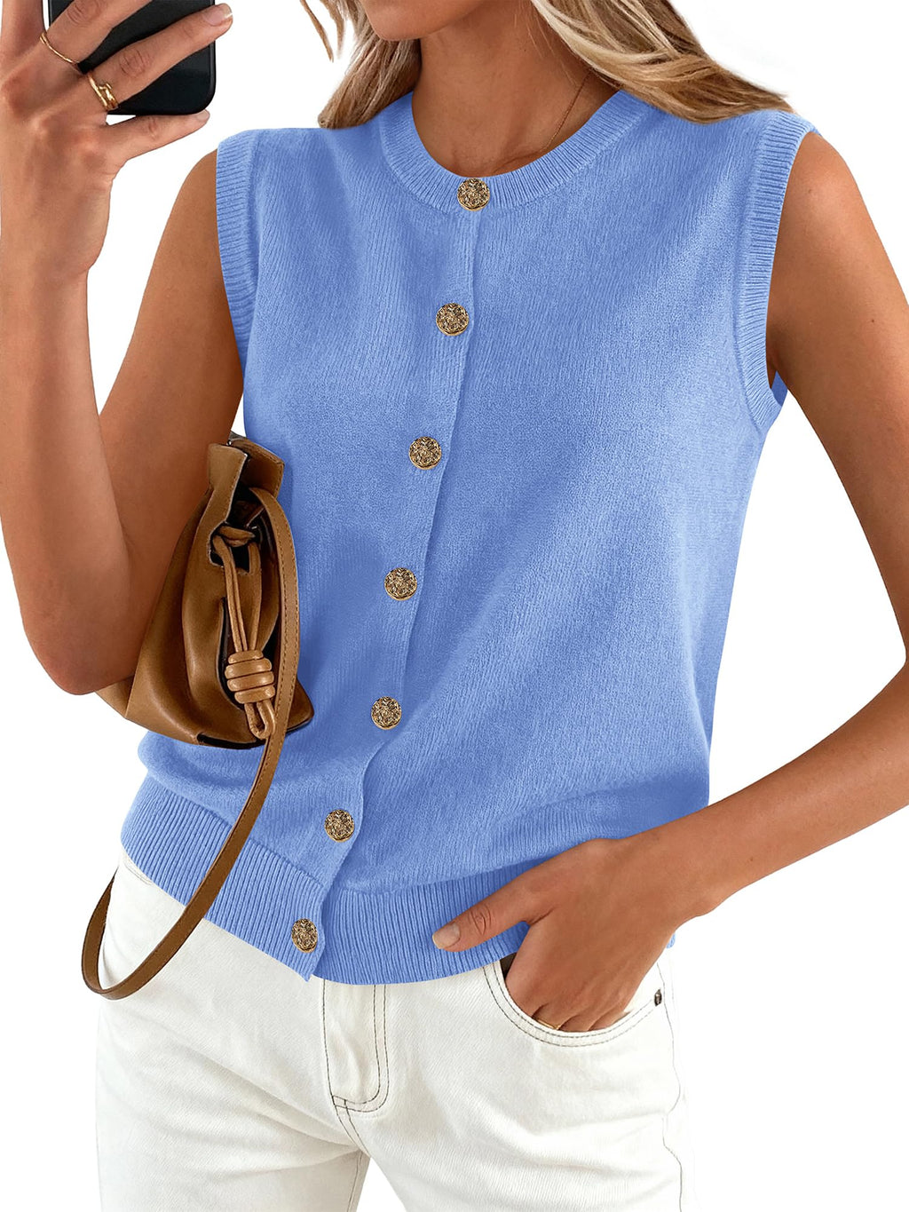 BTFBM Sweater Vest Women Casual Crewneck Loose Button Down Knit Sleeveless Cardigan Spring Clothes Summer Vest Tops