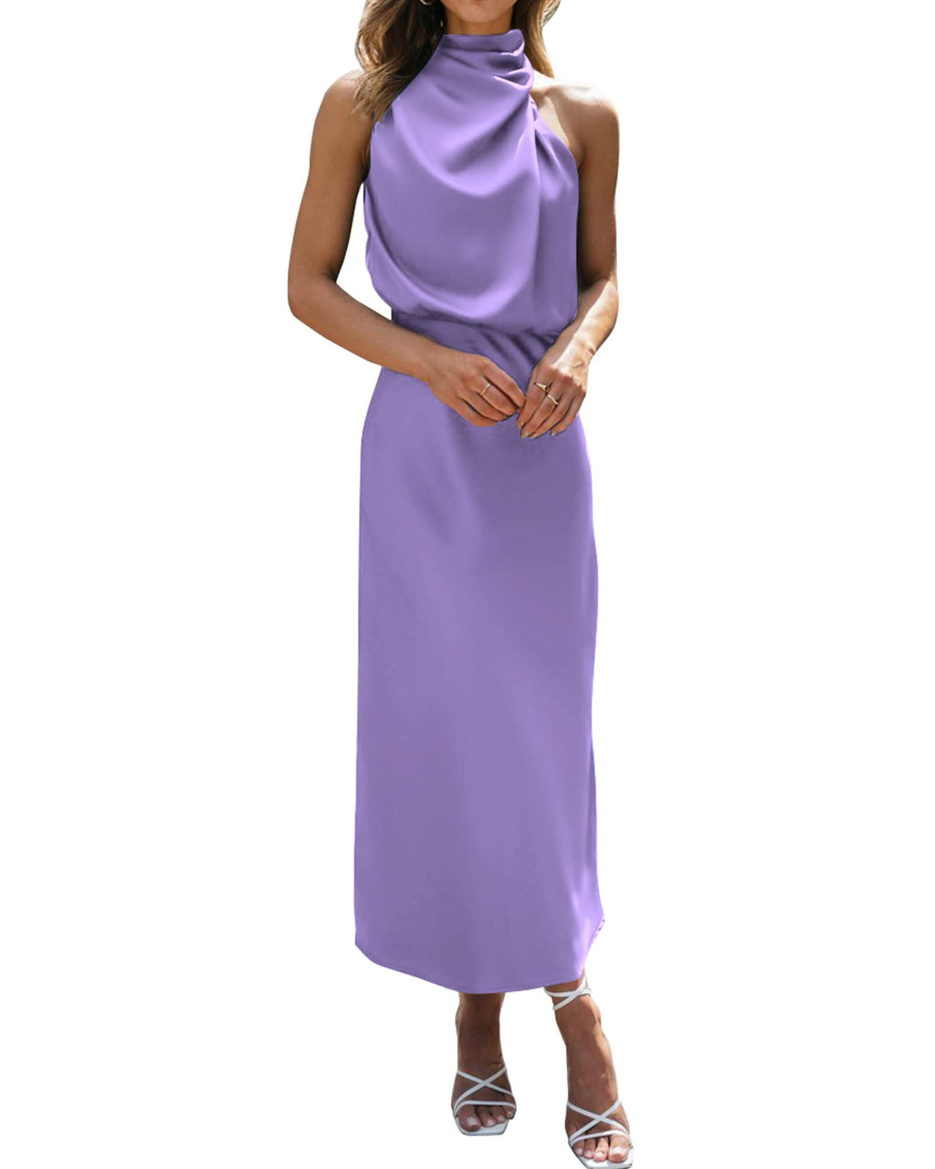 BTFBM Cocktail Dresses for Women Summer Satin Silk Sleeveless Mock Neck Maxi Wedding Guest Dress Spring Outfits