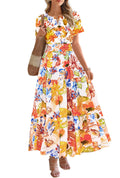 BTFBM Womens Summer Floral Maxi Dresses V Neck Short Sleeve Boho Casual Flowy Long Wedding Guest Dress Beach Vacation