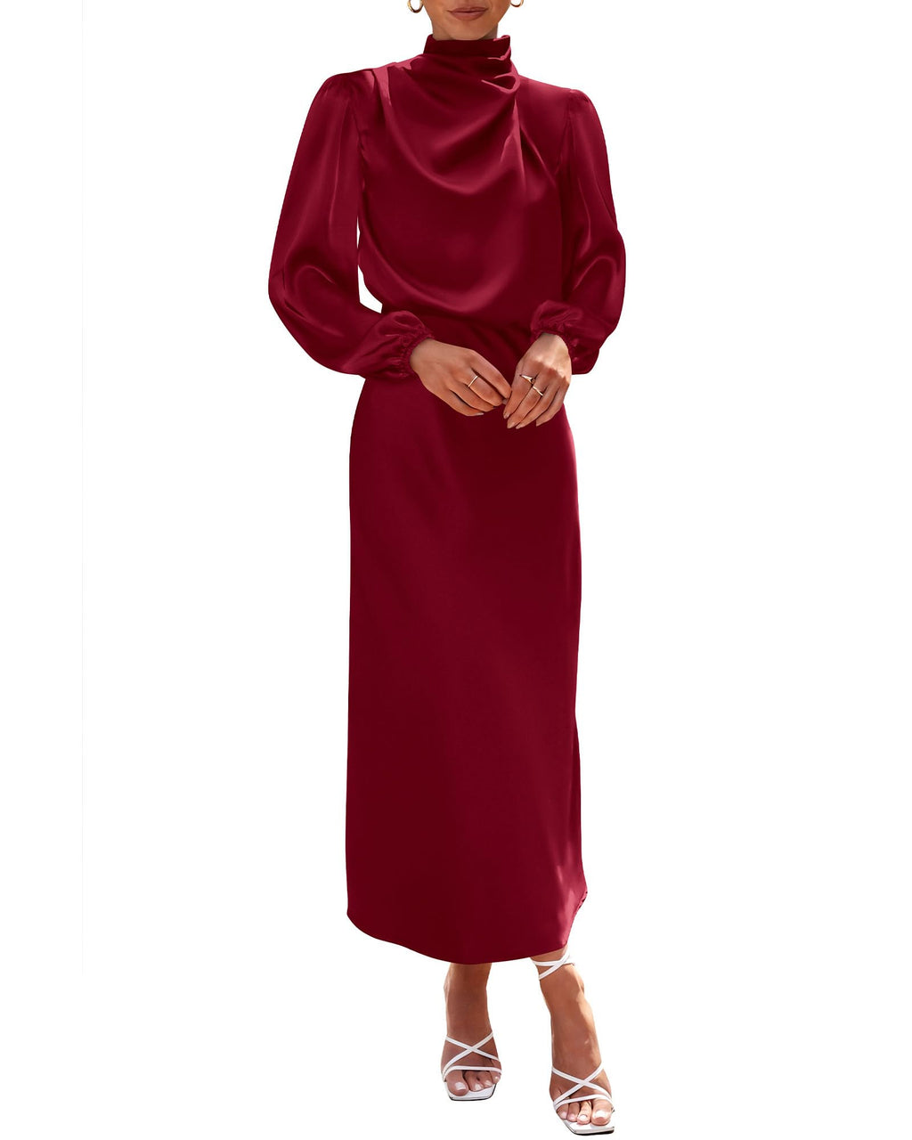 BTFBM Womens Mock Neck Satin Dress Spring Summer Long Sleeve Lightweight Formal Wedding Party Maxi Cocktail Dresses