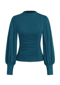 FreshPretty Blouses for Women Dressy Casual Spring Tops Fall Puff Long Sleeve Shirts Fitted Mock Neck Ruched Trendy Tops