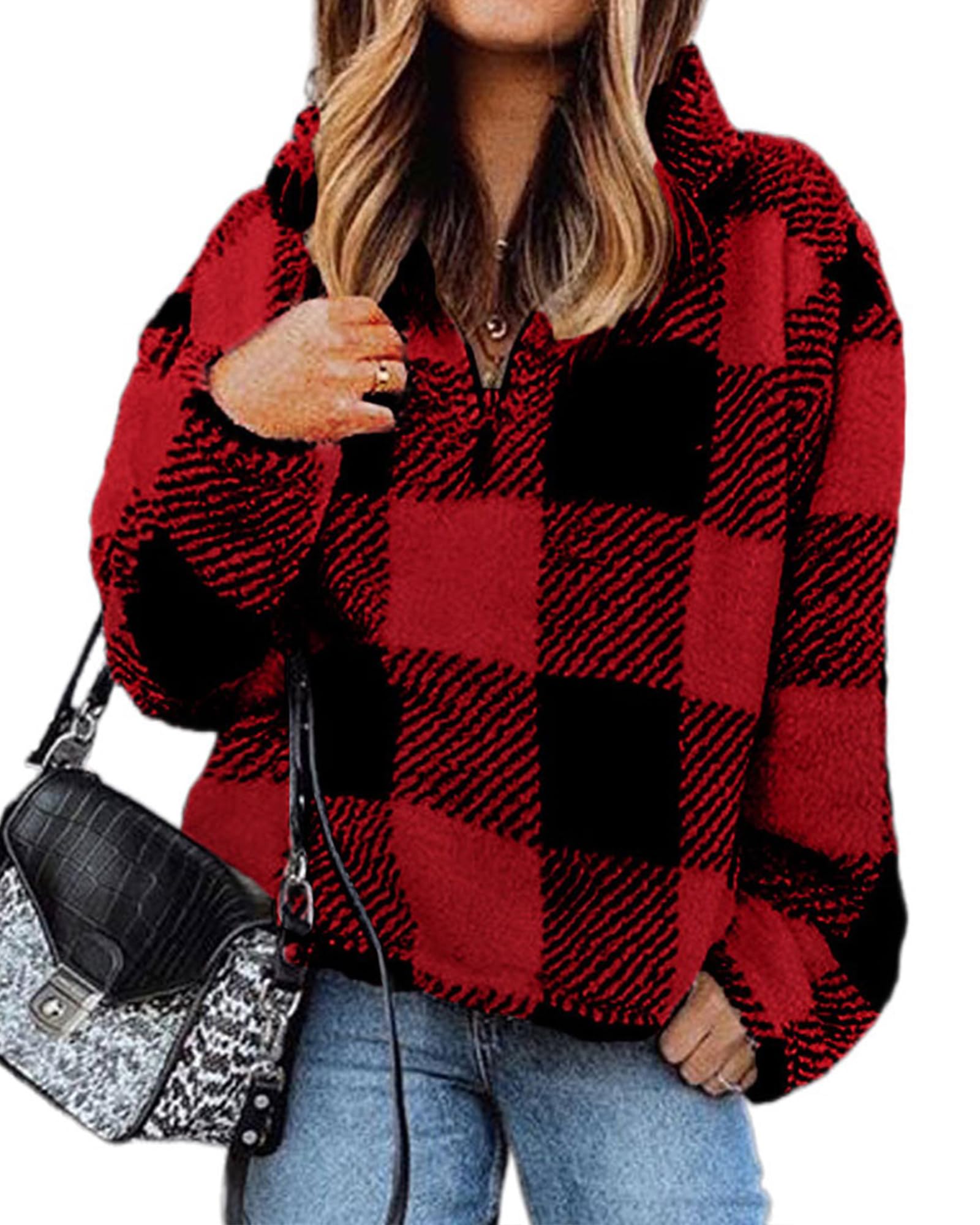 BTFBM Womens Sweatshirt Sherpa Quarter Zip Pullover Fall Winter Long Sleeve Fleece Sweaters Hoodies Sweatshirts Clothes