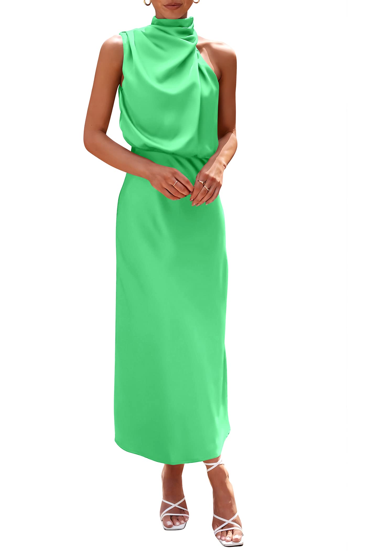 PRETTYGARDEN Women's Summer Satin Dress Elegant Sleeveless Mock Neck Cocktail Party Maxi Dresses
