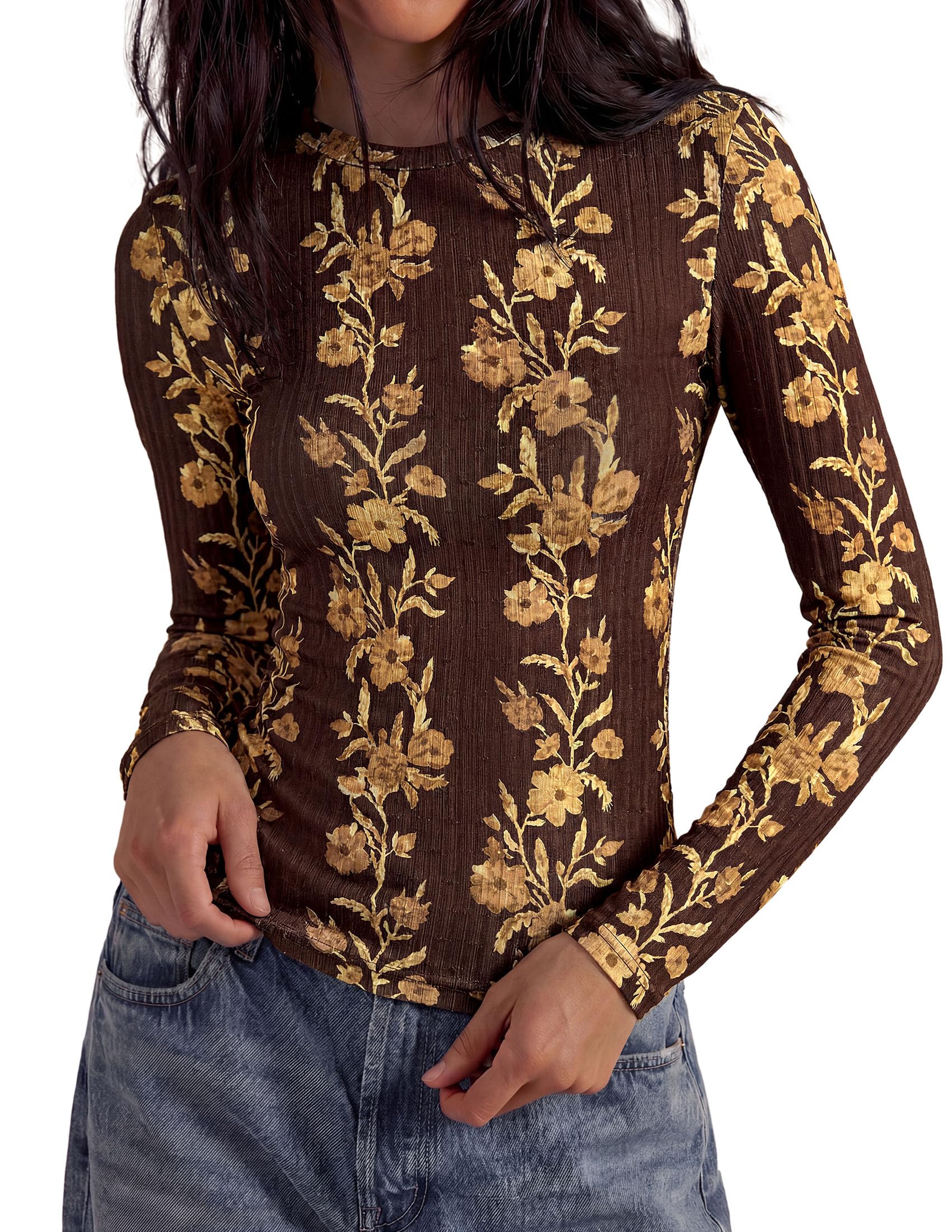 PRETTYGARDEN Womens Long Sleeve Shirts Floral Y2K Tops Soft Lightweight Ribbed Knit Top,Fitted Waist,Crew Neck Slim Fit,Going Out Vacation Outfits,Layering Fall Winter Clothes