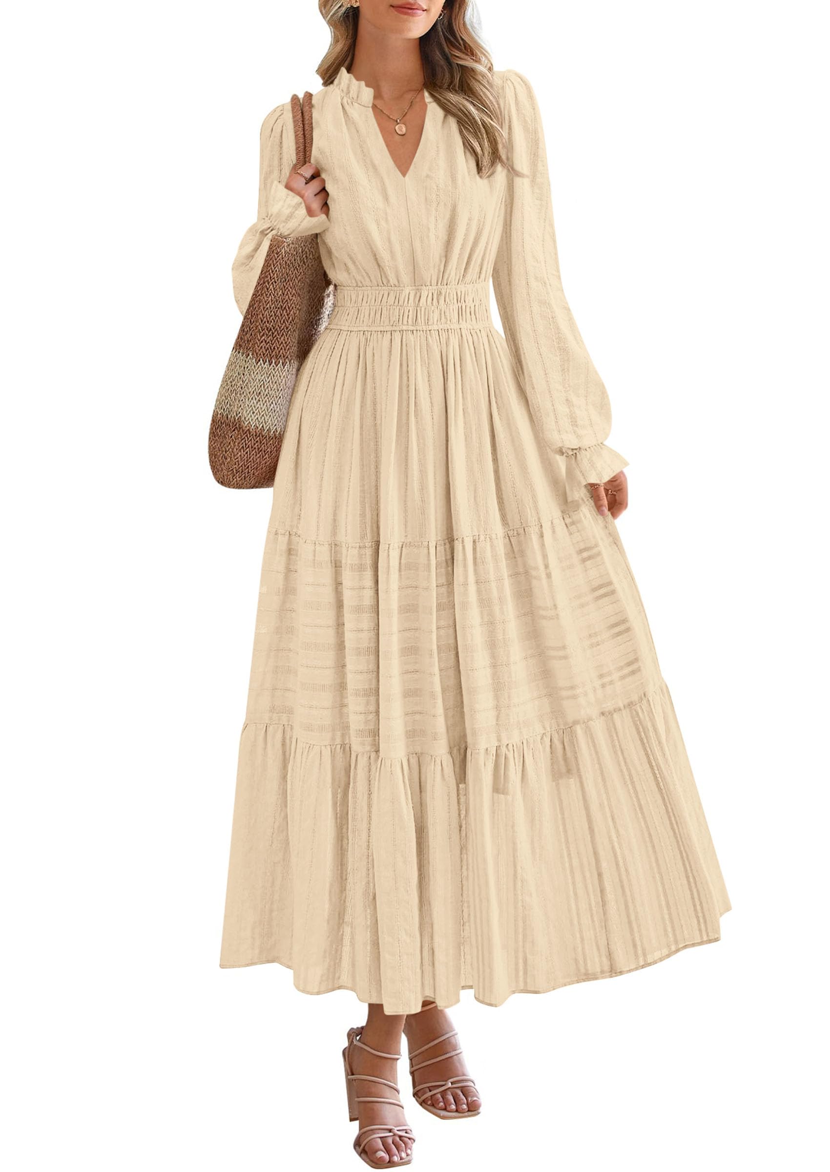PRETTYGARDEN Women's Fall Wedding Guest Dresses Long Sleeve V Neck Flowy Elegant Holiday Party Maxi Dress with Pockets