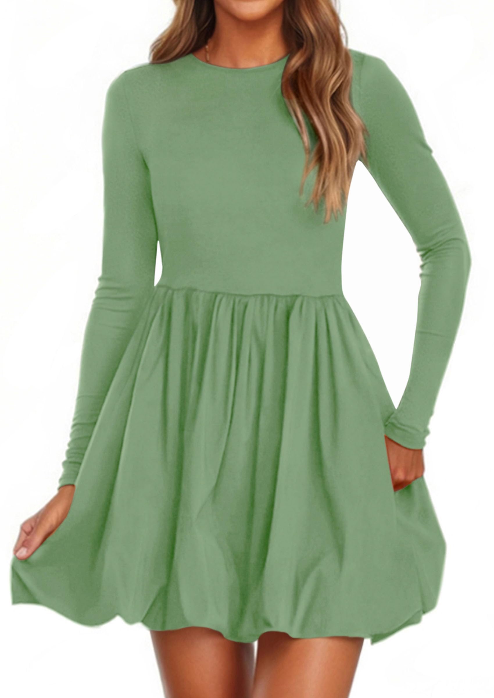 PRETTYGARDEN Fall Dresses for Women Casual Long Sleeve Bubble Cute Crew Neck A Line Mini Short Dress with Pockets