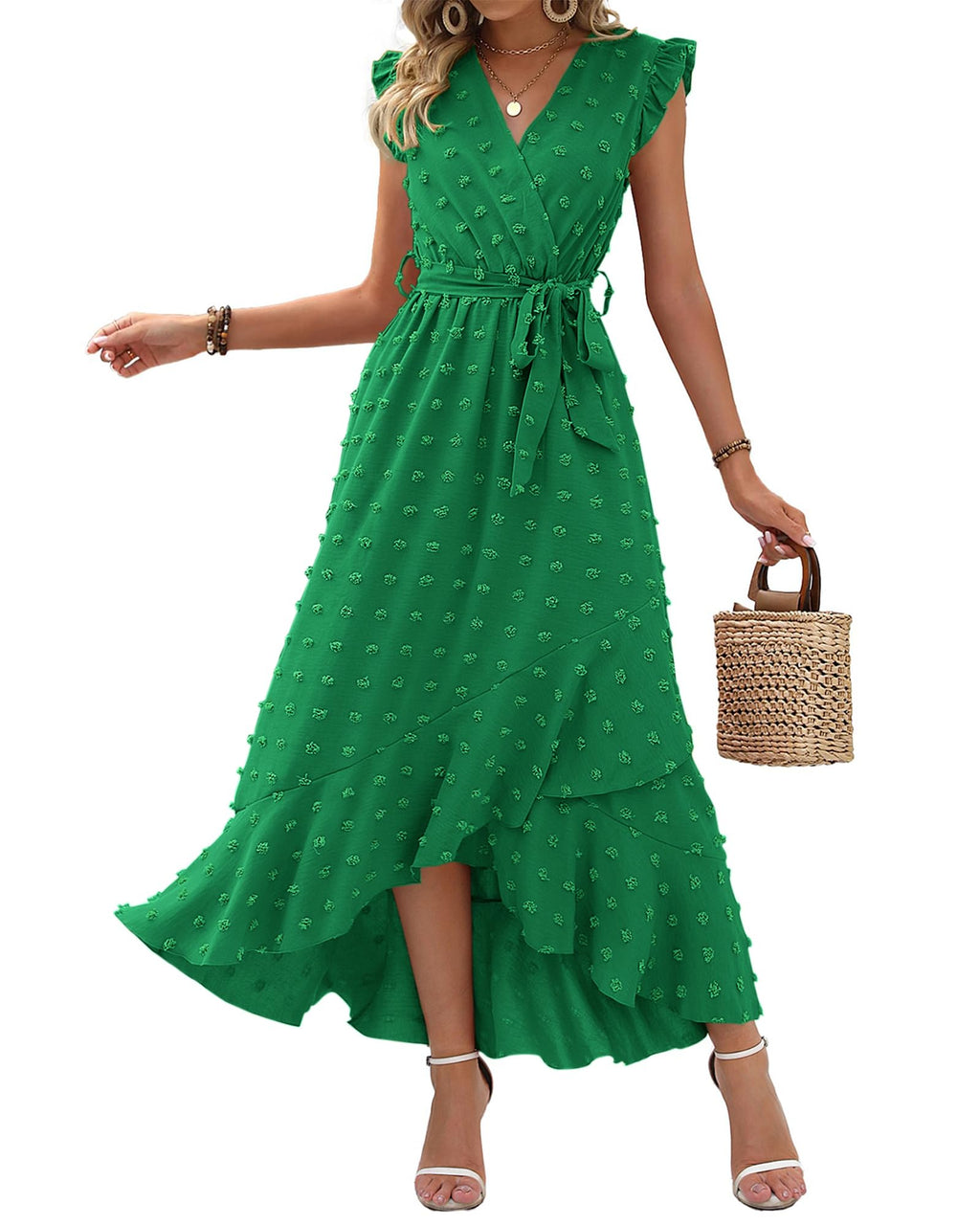 BTFBM Boho Dresses for Women Spring Fashion Cap Sleeve Swiss Dot Flowy Ruffle Beach Wedding Cocktail Maxi Dress