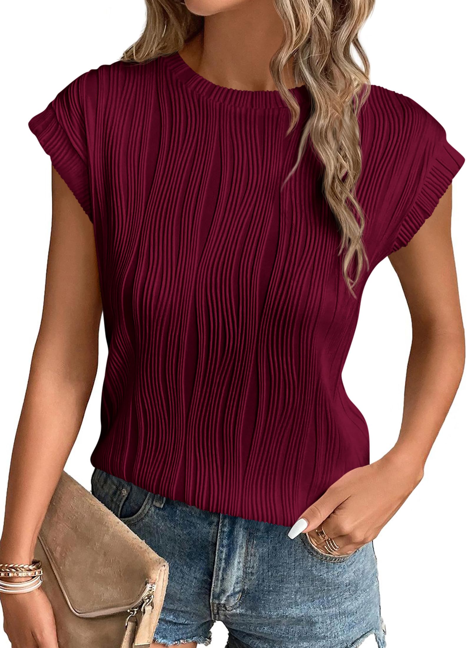 PRETTYGARDEN Blouses for Women Dressy Casual Spring Summer Business Office Tops Cap Sleeve Textured Cute Work Shirt
