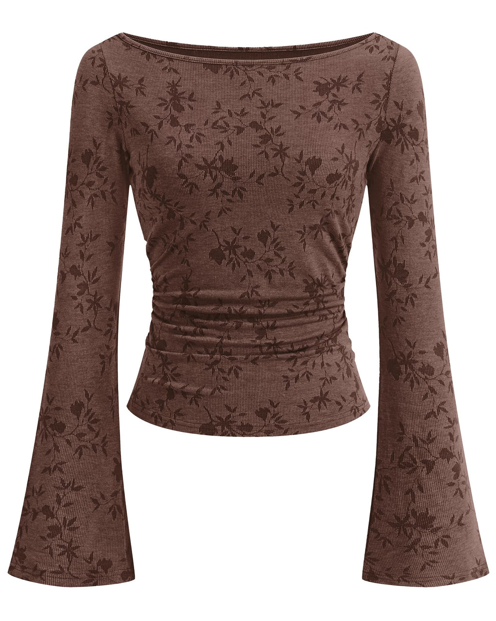 BTFBM Womens Bell Long Sleeve Boat Neck Floral Ribbed Knit Tops Stretchy Crop Tops for Women Trendy, Casual Y2K Going Out Top,Ruched Slim Fit Cute T Shirt,Fall Outfits,Fashion Clothing