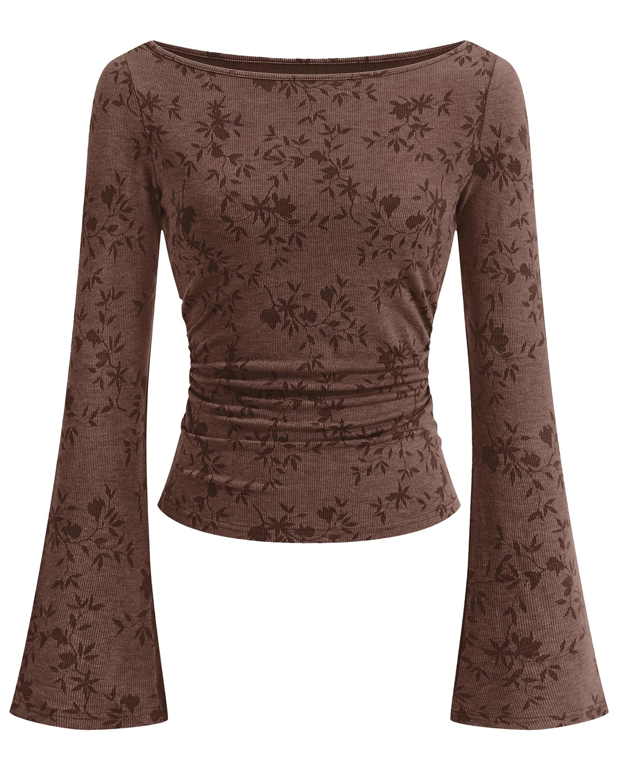 BTFBM Womens Bell Long Sleeve Boat Neck Floral Ribbed Knit Tops Stretchy Crop Tops for Women Trendy, Casual Y2K Going Out Top,Ruched Slim Fit Cute T Shirt,Fall Outfits,Fashion Clothing