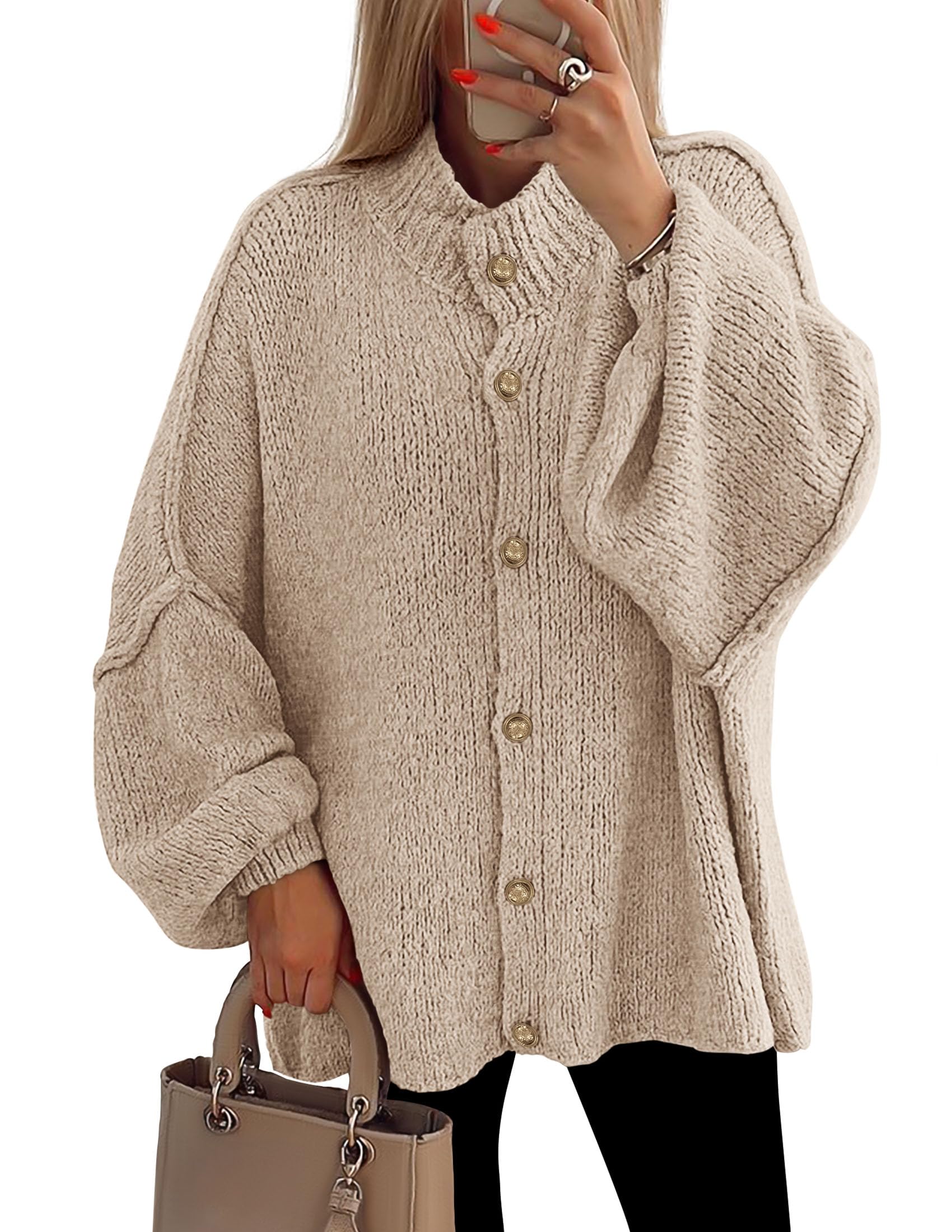 PRETTYGARDEN Women's Winter Button Down Cardigan Sweaters Mock Neck Lantern Long Sleeve Chunky Knit Jacket Trendy Outerwear