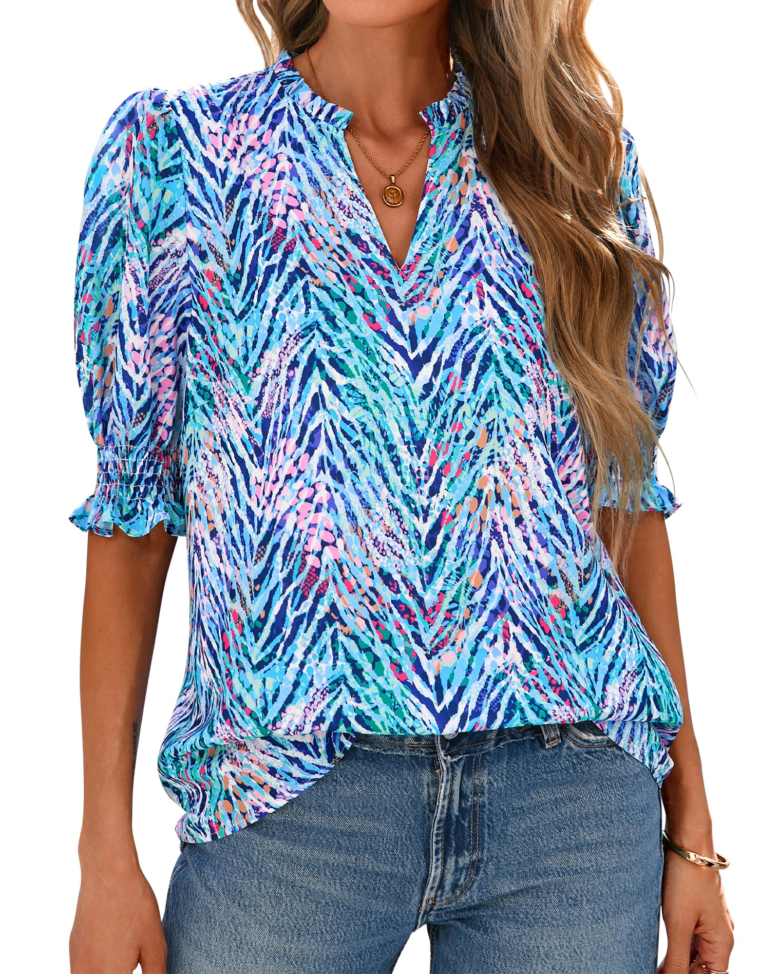 FreshPretty Summer Blouses for Women Dressy Casual  Fashion Spring Tops Floral Boho V Neck Puff Short Sleeve Top Shirts