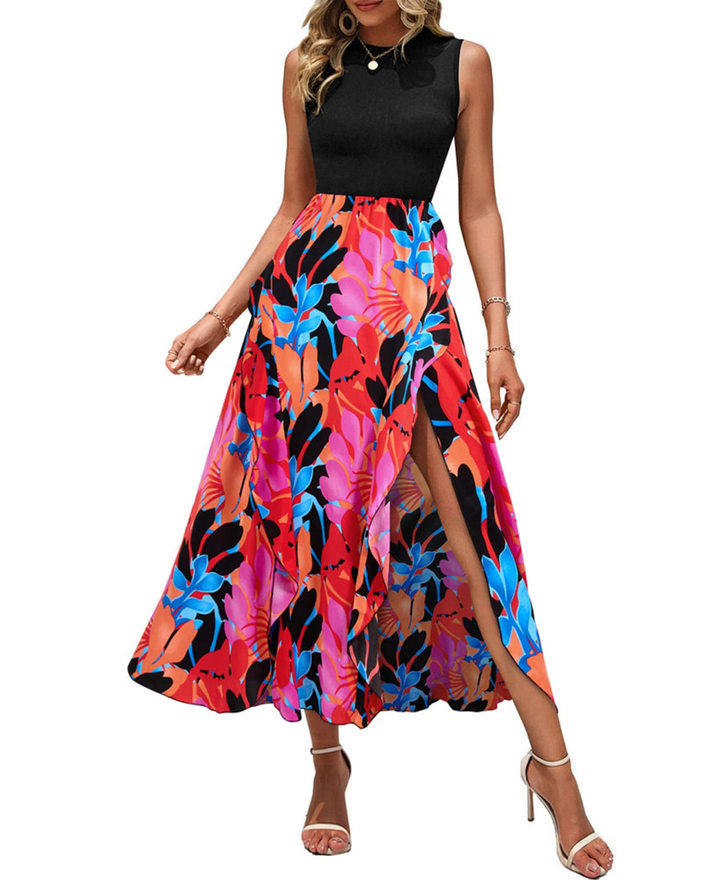 FreshPretty Women Casual Sleeveless Summer Dresses Spring Crewneck Patchwork Boho Floral Ruffle Cocktail Party Midi Dress