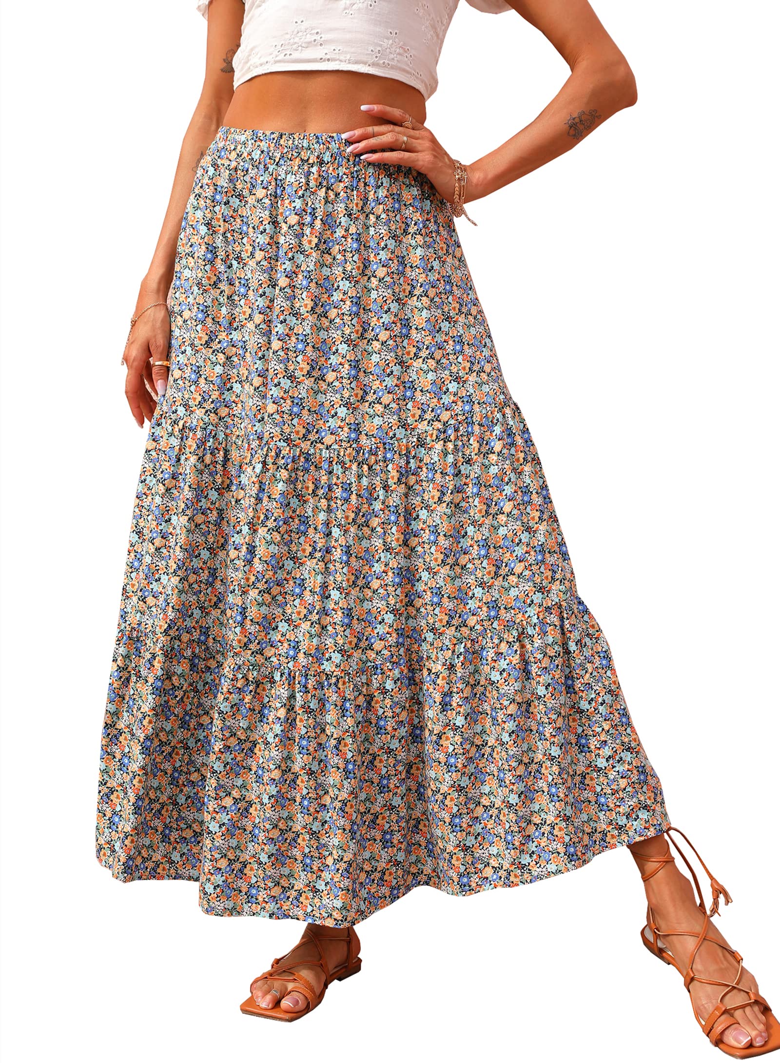 FreshPretty Women Summer Fall Boho Long Skirts Dress Floral Print Elastic Waist Split Ruffle High Low Beach Maxi Skirt