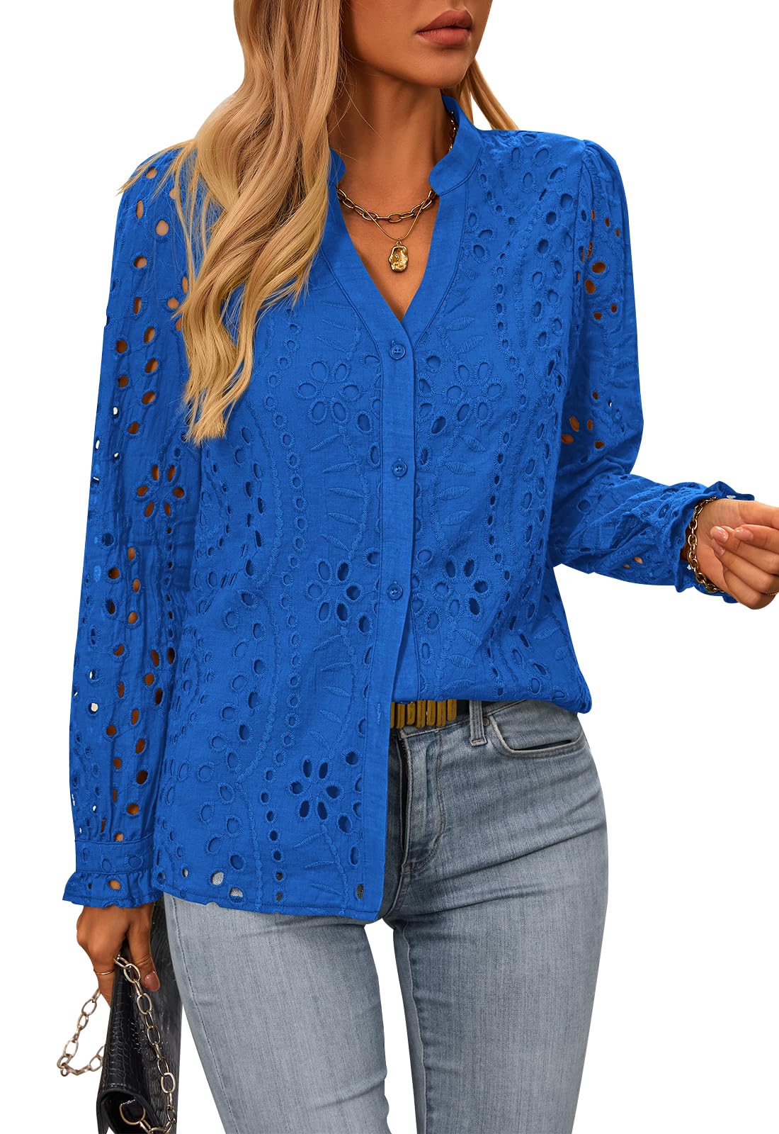 FreshPretty Women's Long Sleeve Shirts Button Down Dressy Casual Blouses V Neck Embroidery Hollow Out Tops Fall Winter Clothes