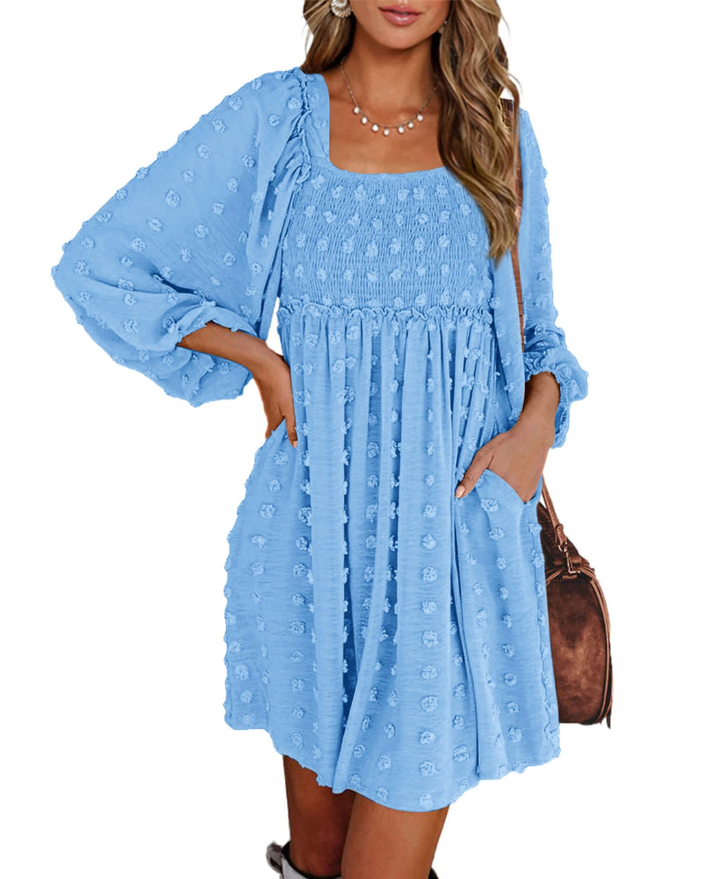 BTFBM Womens Long Sleeve Dress Summer Vacation Square Neck Smocked Floral Mini Boho Spring Wedding Guest Dresses