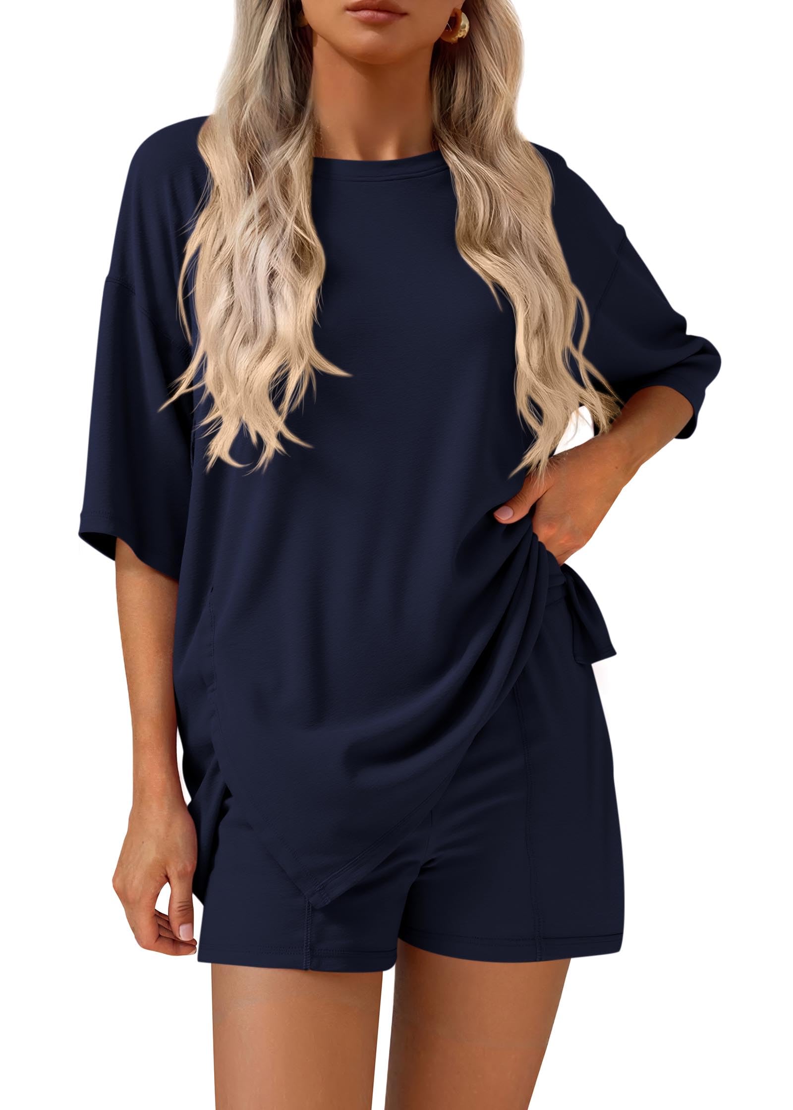 FreshPretty 2 Piece Sets for Women Summer Lounge Sets Casual Oversized Tshirts Shorts Matching Airport Travel Outfits Postpartum