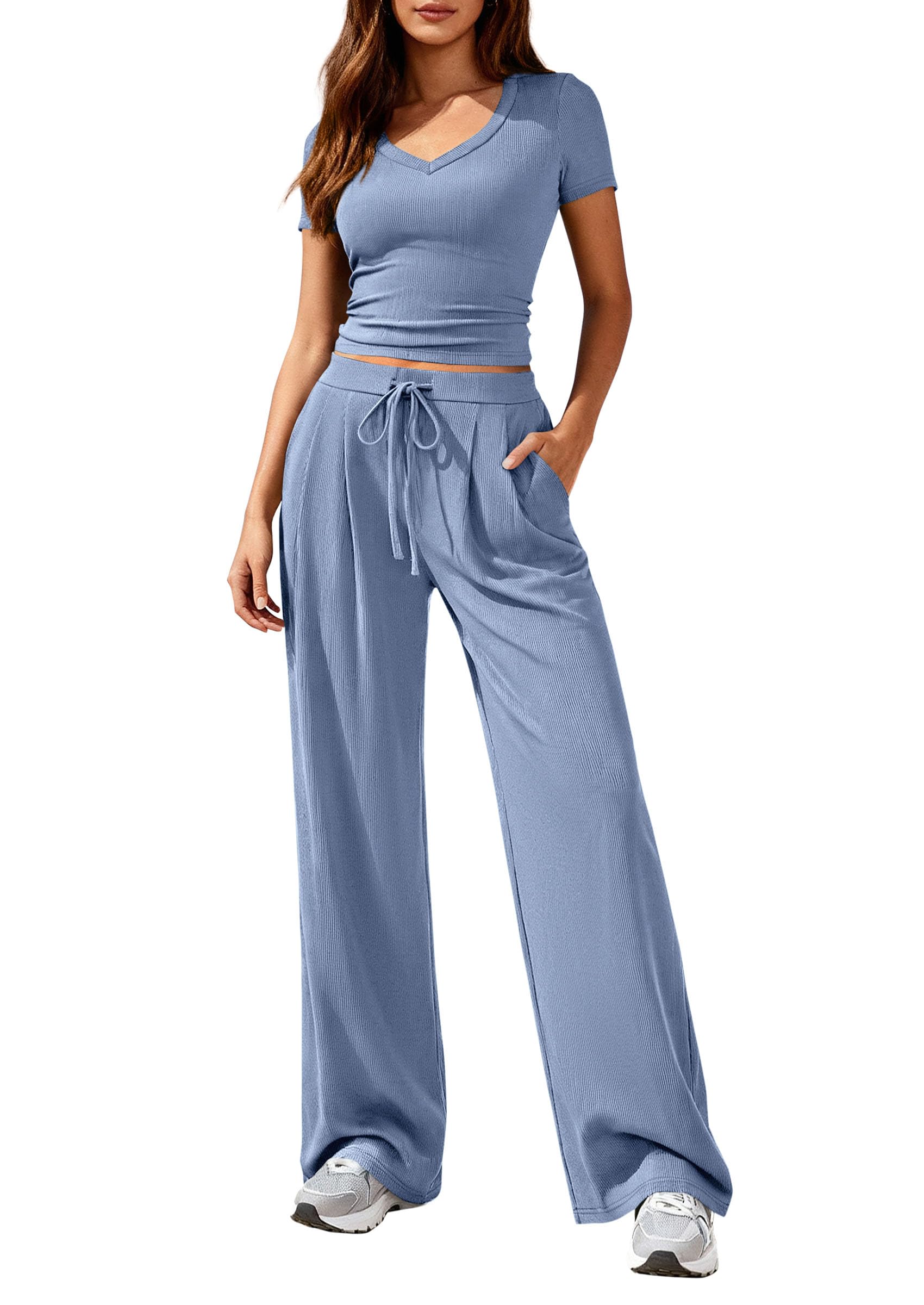 PRETTYGARDEN 2 Piece Sets for Women Summer Spring Lounge Set Matching V Neck Tops Wide Leg Pants Airport Travel Outfits