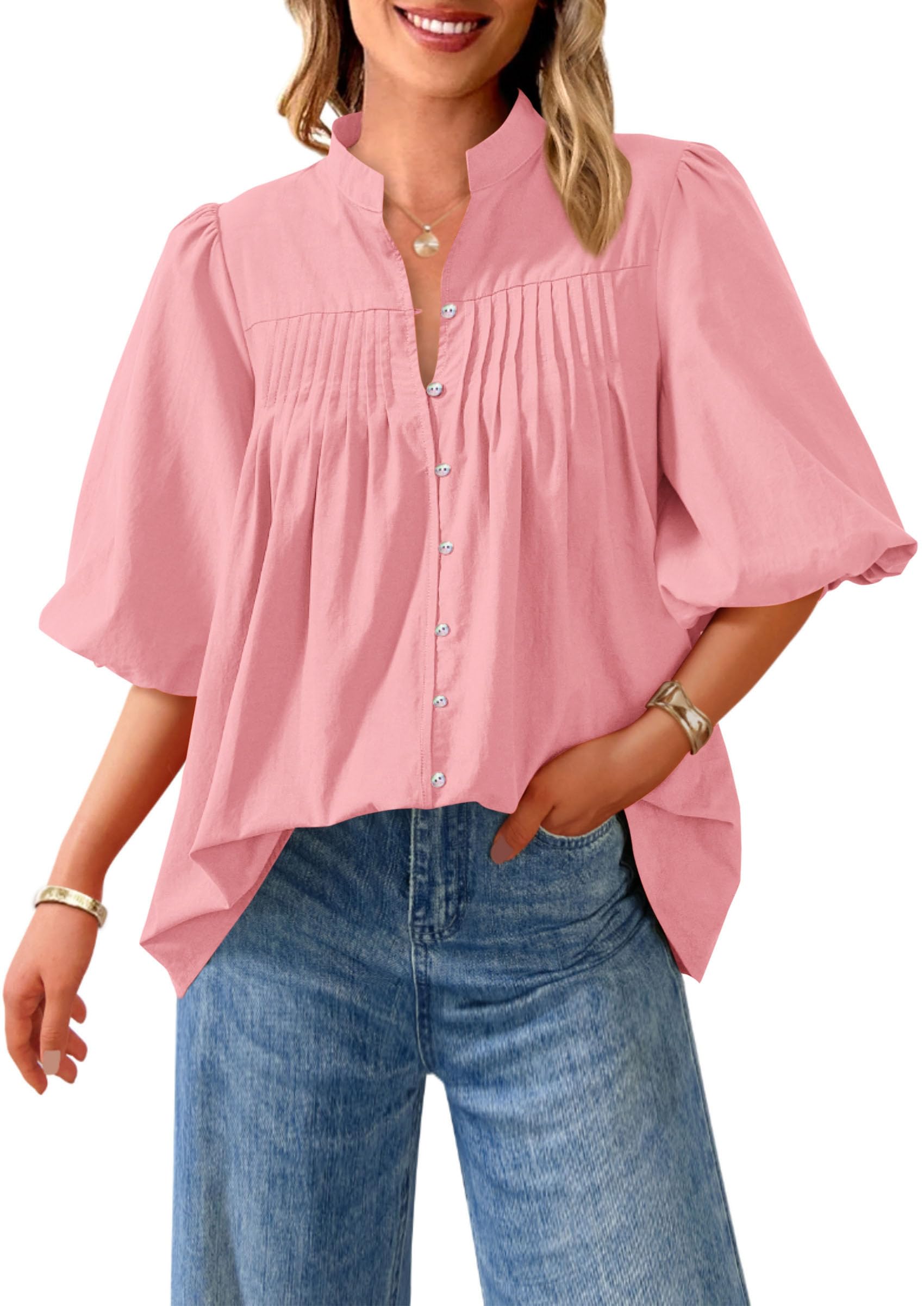 PRETTYGARDEN Women's  Summer Short Lantern Sleeve Tops Loose Fit Button Down Shirt Pleated V Neck Blouses Trendy Clothes