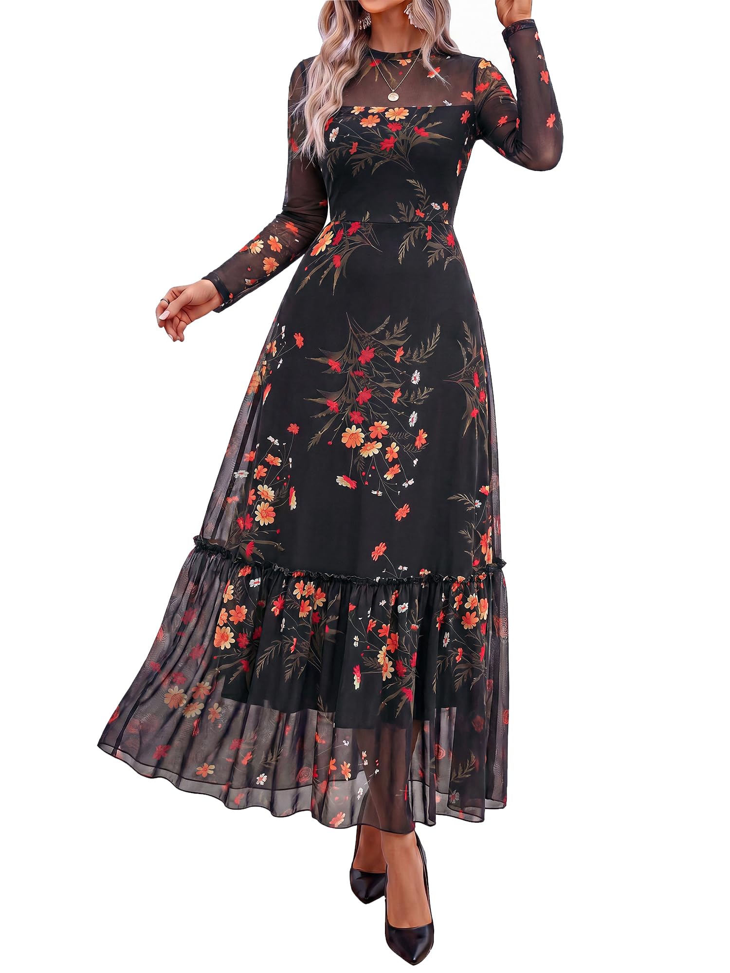 BTFBM Boho Mesh Long Sleeve Dress for Women | Mock Neck, Floral, A Line, Tiered, Graduation, Wedding, Cocktail Maxi Dresses, Fall Fashion, Resort Wear