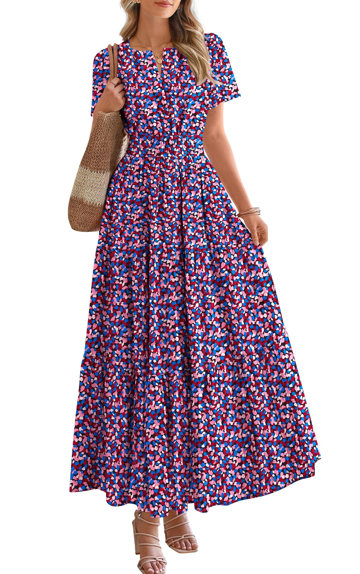 BTFBM Womens Summer Floral Maxi Dresses V Neck Short Sleeve Boho Casual Flowy Long Wedding Guest Dress Beach Vacation
