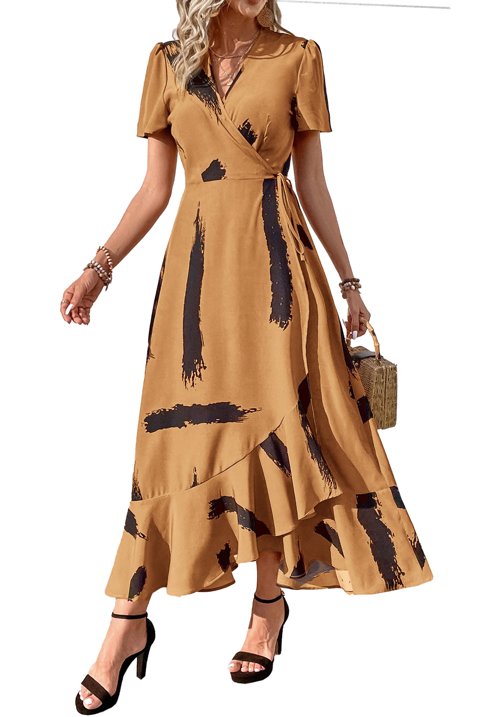 PRETTYGARDEN Women's Summer Maxi Dress Casual Wrap Floral Boho Short Sleeve V Neck Split Ruffle Beach Long Dresses
