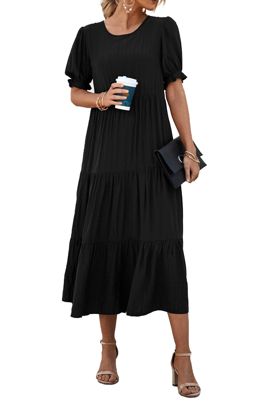 PRETTYGARDEN Summer Dresses for Women Casual Floral Boho Midi Sun Dress Puff Short Sleeve Flowy Beach Vacation Sundress