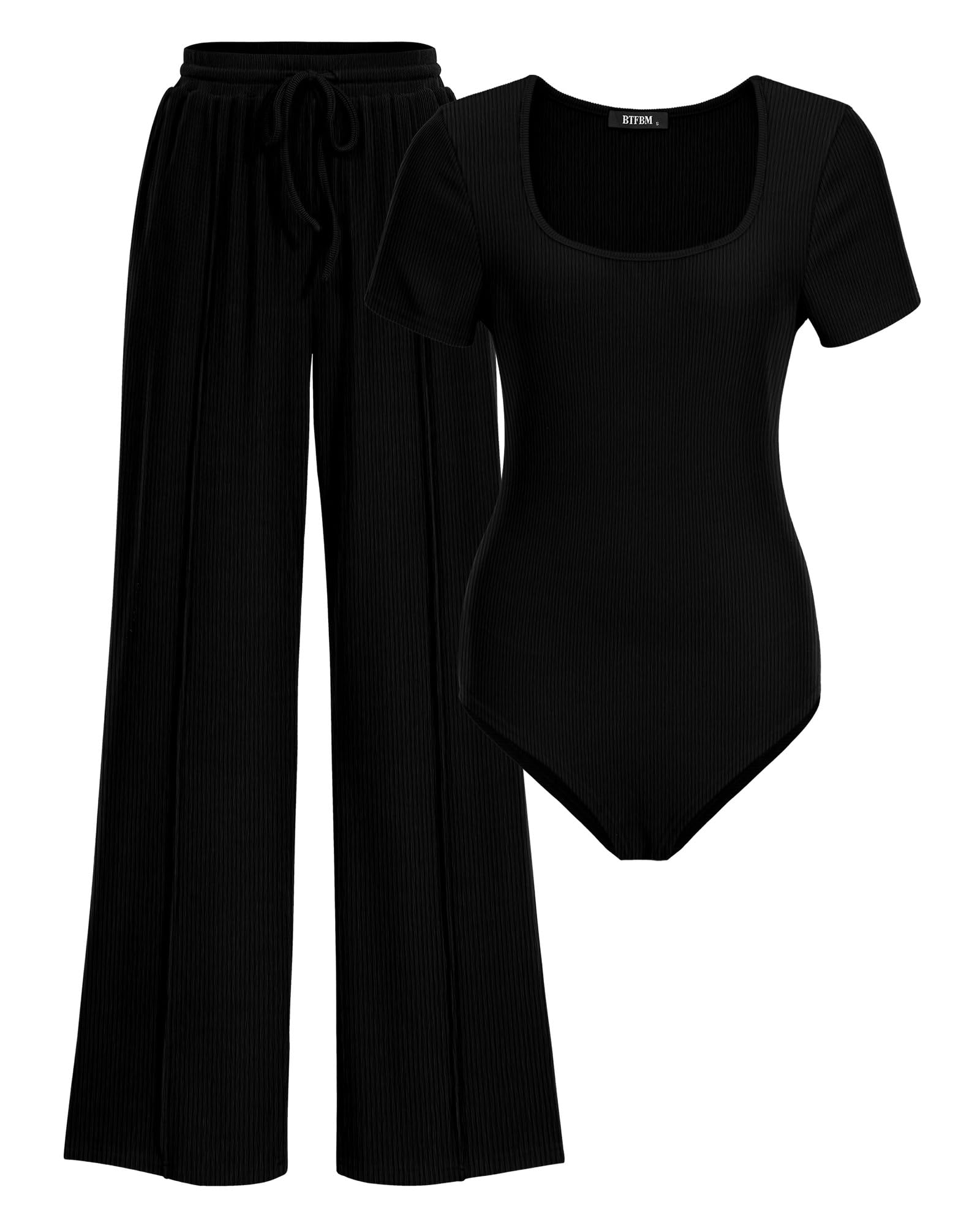 BTFBM Womens Summer 2 Piece Outfits Square Neck Short Sleeve Drawstring Pants Knit Spring Lounge Matching Sets