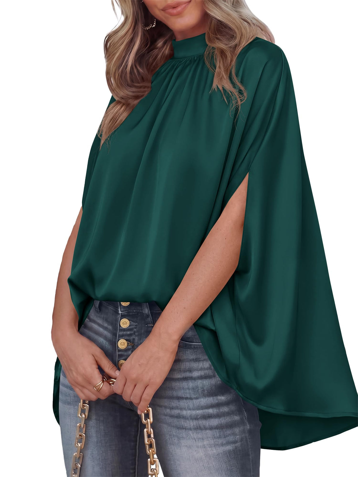 BTFBM Womens Summer Tops Mock Neck Batwing Sleeve Silk Satin Shirts Loose Oversized Dressy Casual Spring Blouses