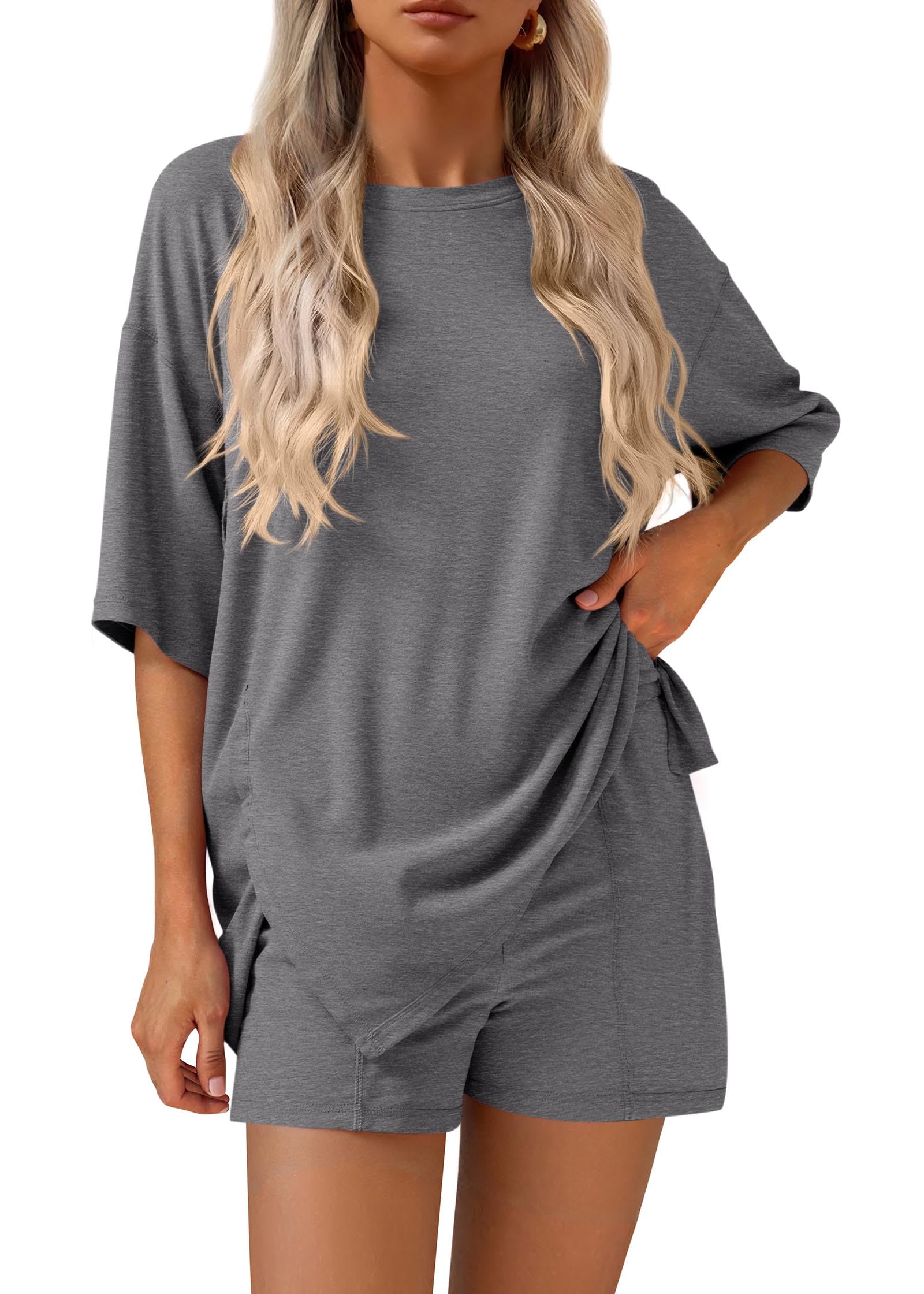 FreshPretty 2 Piece Sets for Women Summer Lounge Sets Casual Oversized Tshirts Shorts Matching Airport Travel Outfits Postpartum