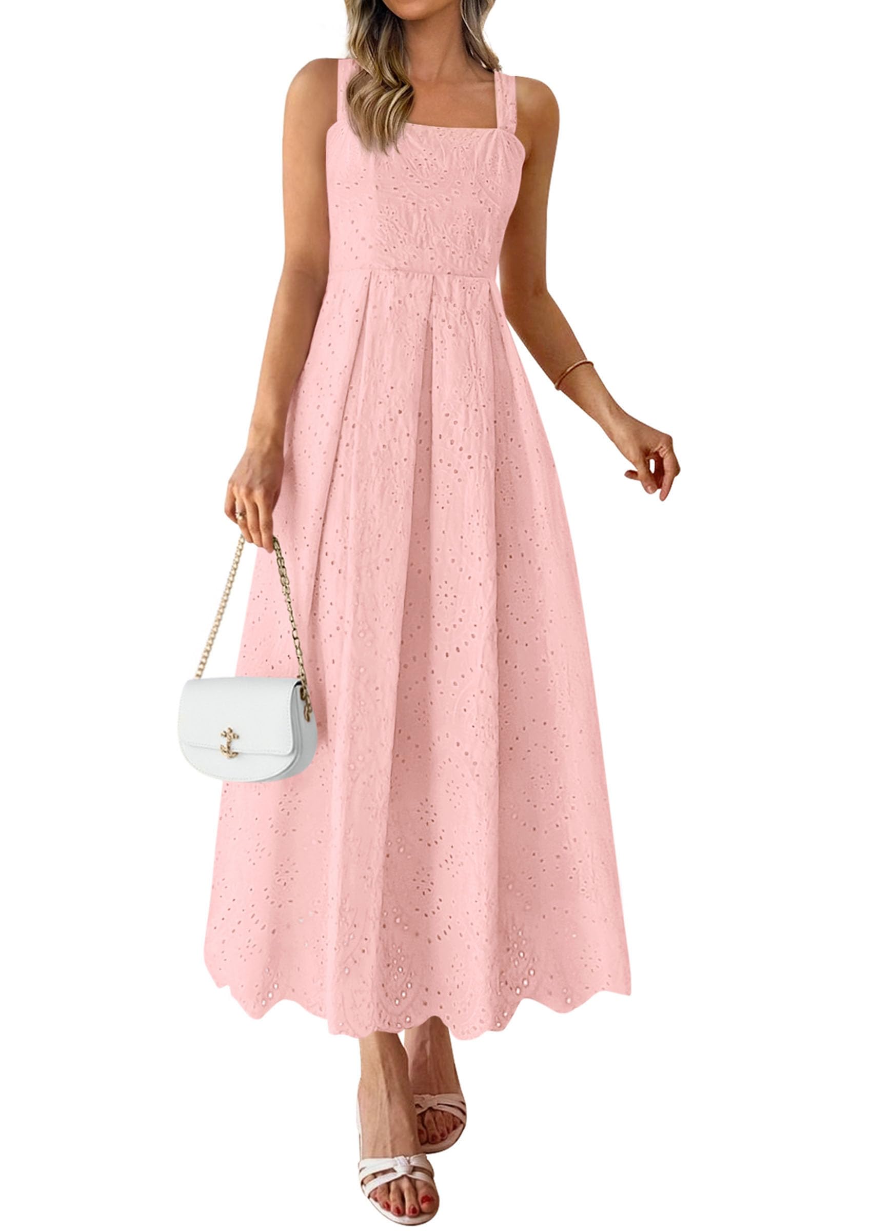 PRETTYGARDEN Womens Sleeveless Maxi Summer Dresses Hollow Out Eyelet Square Neck Ruffle Flowy Beach Vacation Sundress