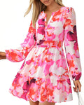 BTFBM Spring Dresses for Women Mini Long Sleeve Elastic Waist Summer Vacation Outfits Floral Wedding Guest Dress