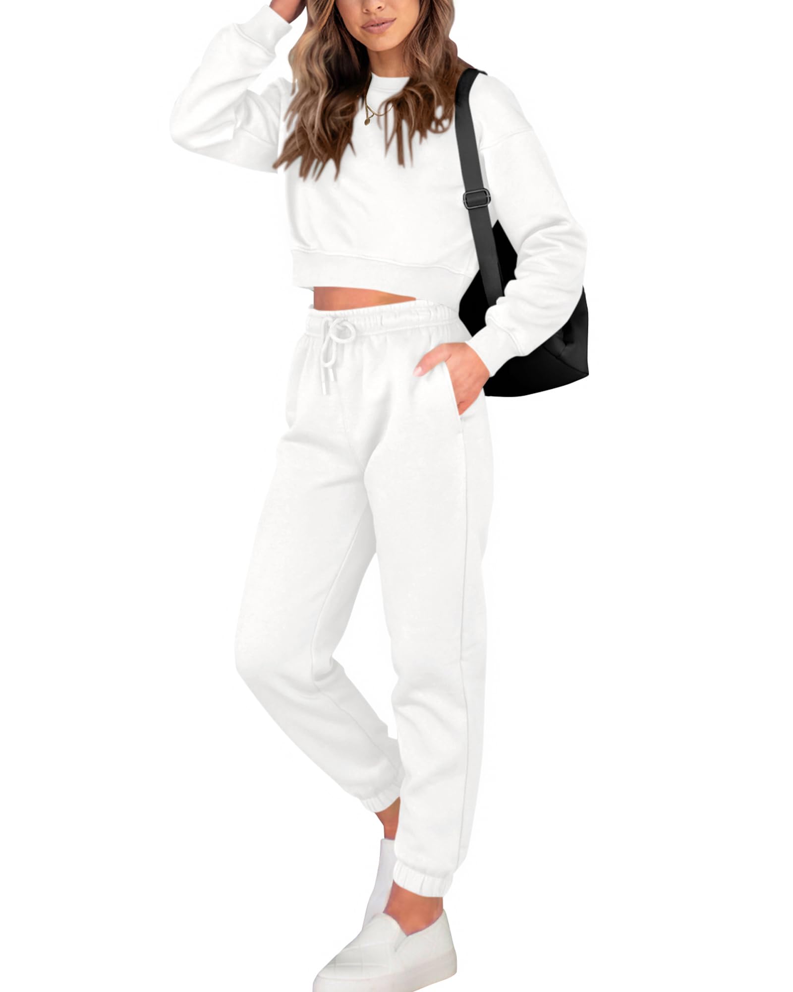 BTFBM Women 2 Piece Outfits Long Sleeve Crop Top Pullover Drawstring Pant Jogger Set Casual Sweatsuits Tracksuit Pockets