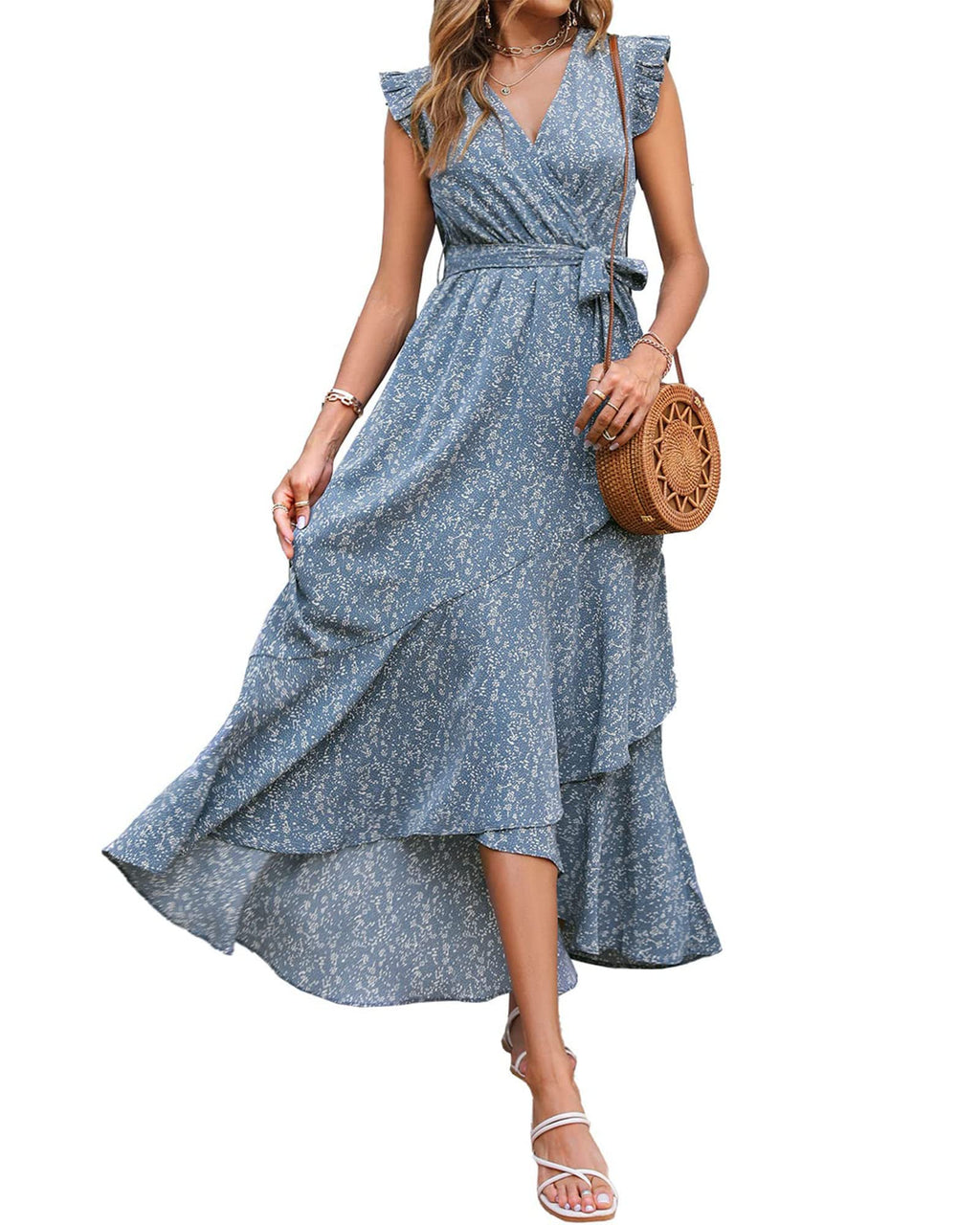 FreshPrettySummer Floral Maxi Dress for Women Vacation Ruffle Sleeve V Neck Belt Wrap Spring Beach Wedding Guest Dresses