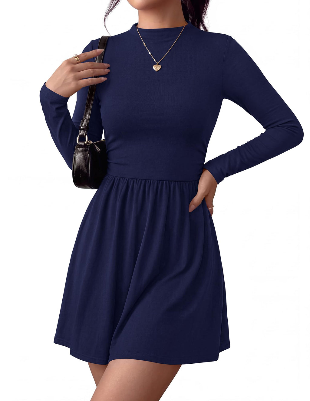 BTFBM Long Sleeve Dresses for Women Mock Neck A Line Flowy Mini Dress Swing Pleated Hem,Cocktail Party Club Holiday Going Out Outfits,Dressy Casual Winter,Trendy Early Fall Fashion Clothing
