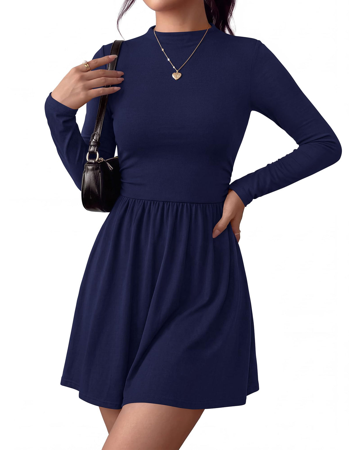 BTFBM Long Sleeve Dresses for Women Mock Neck A Line Flowy Mini Dress Swing Pleated Hem,Cocktail Party Club Holiday Going Out Outfits,Dressy Casual Winter,Trendy Early Fall Fashion Clothing