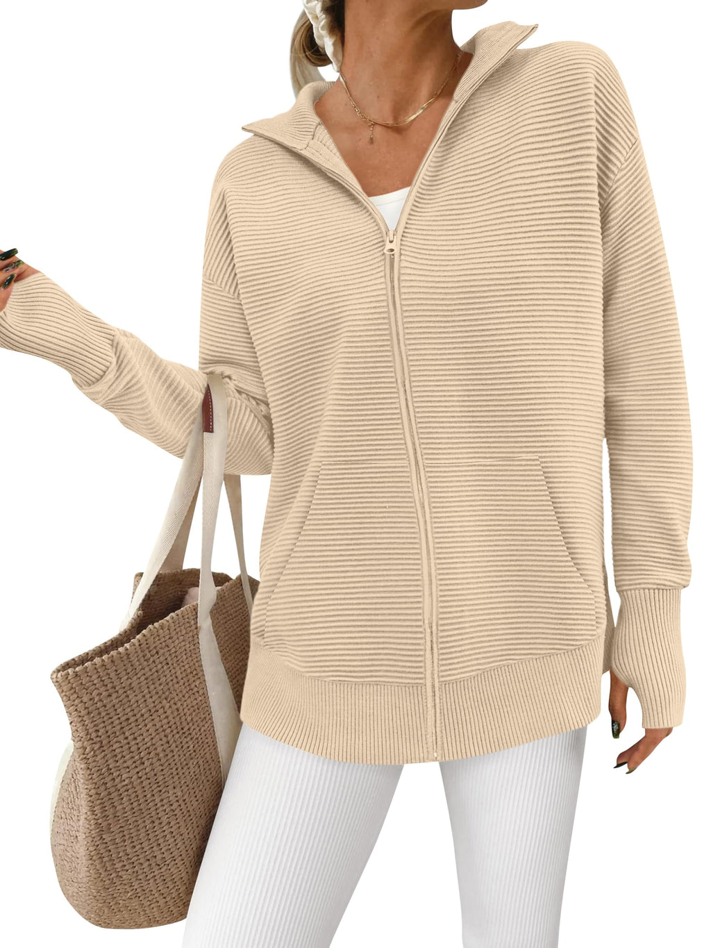 PRETTYGARDEN Womens Fall Long Sleeve Zip Up Cardigan Sweaters Casual Loose Collared Ribbed Knit Tops Jackets Thumb Hole