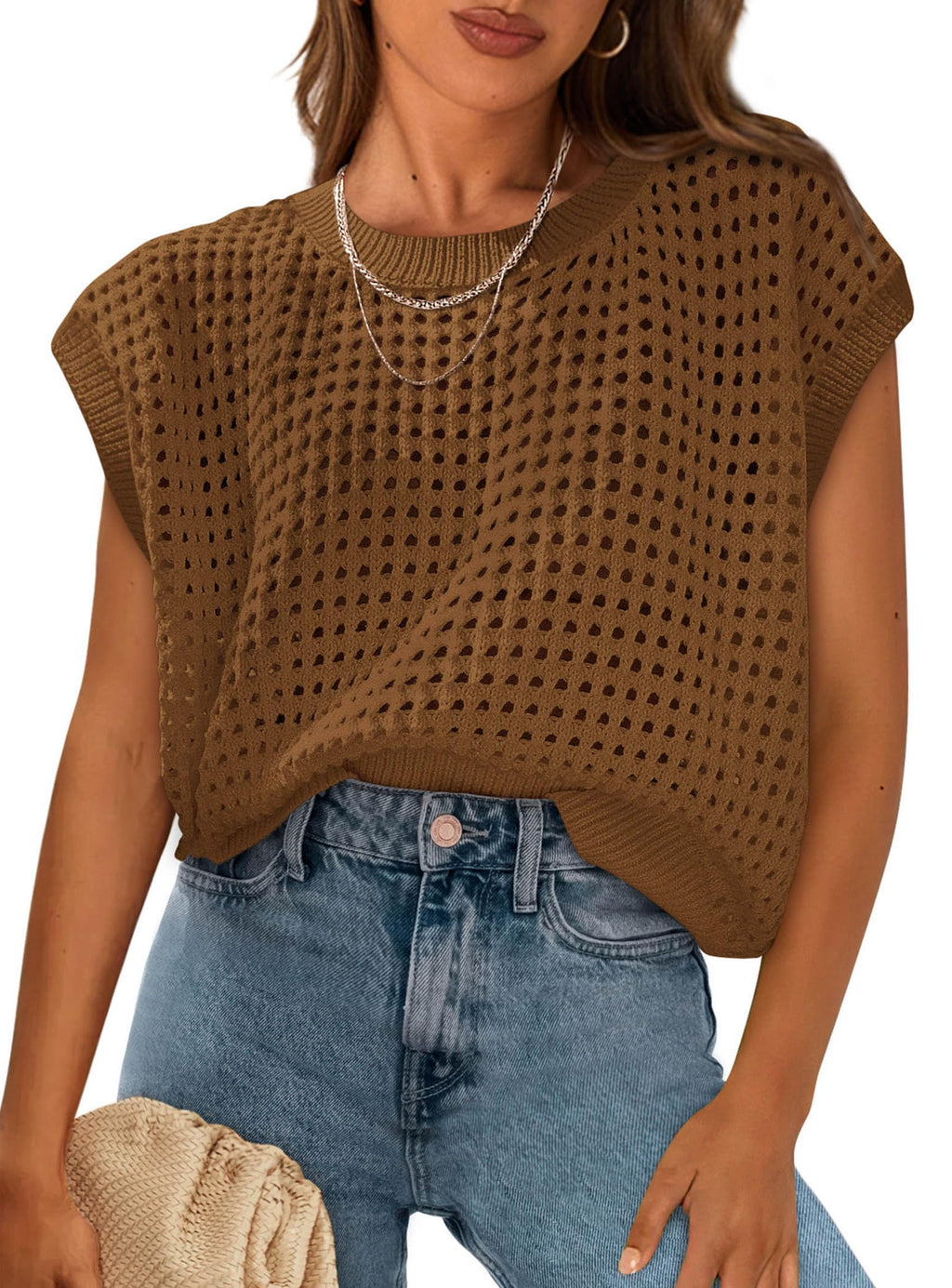 PRETTYGARDEN Womens Spring Tops Summer Shirts Crochet Cap Sleeve Sweater Pullover Cute Beach Vacation Clothes