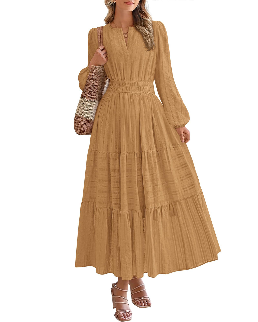 BTFBM Spring Dresses for Women 2026 Casual Long Sleeve V Neck Elastic Waist Lightweight Maxi Wedding Guest Dress Pockets