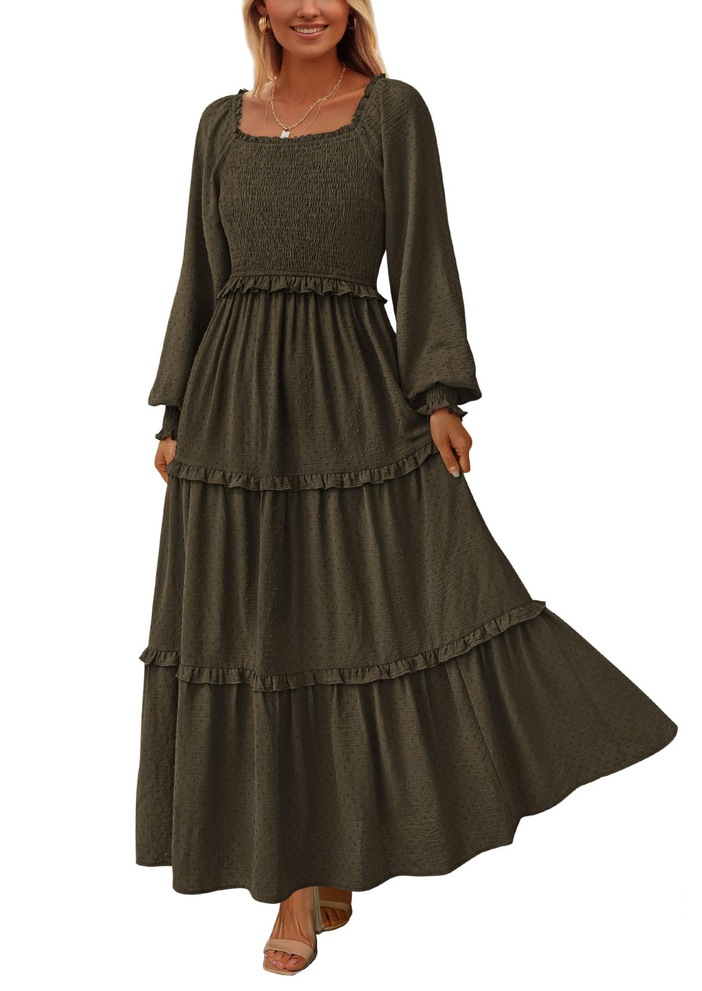 PRETTYGARDEN Fall Dresses for Women Long Sleeve Smocked Square Neck Swiss Dot Tiered Flowy Wedding Guest Maxi Dress