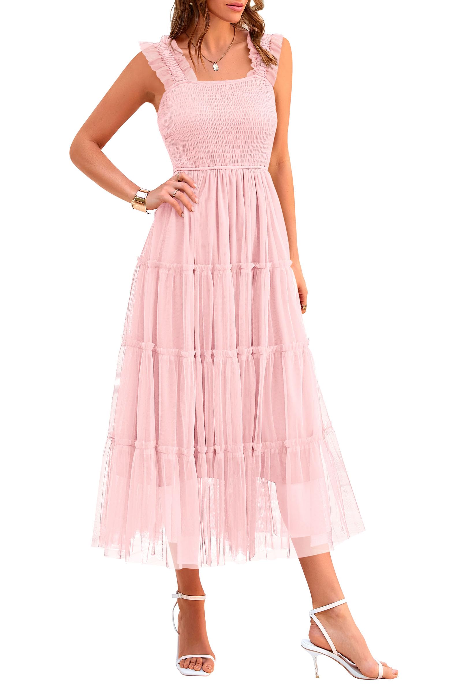 PRETTYGARDEN Women's Summer Tulle Midi Dress Sleeveless Smocked Ruffle Flowy Mesh Dresses Party Wedding Guest Sundress